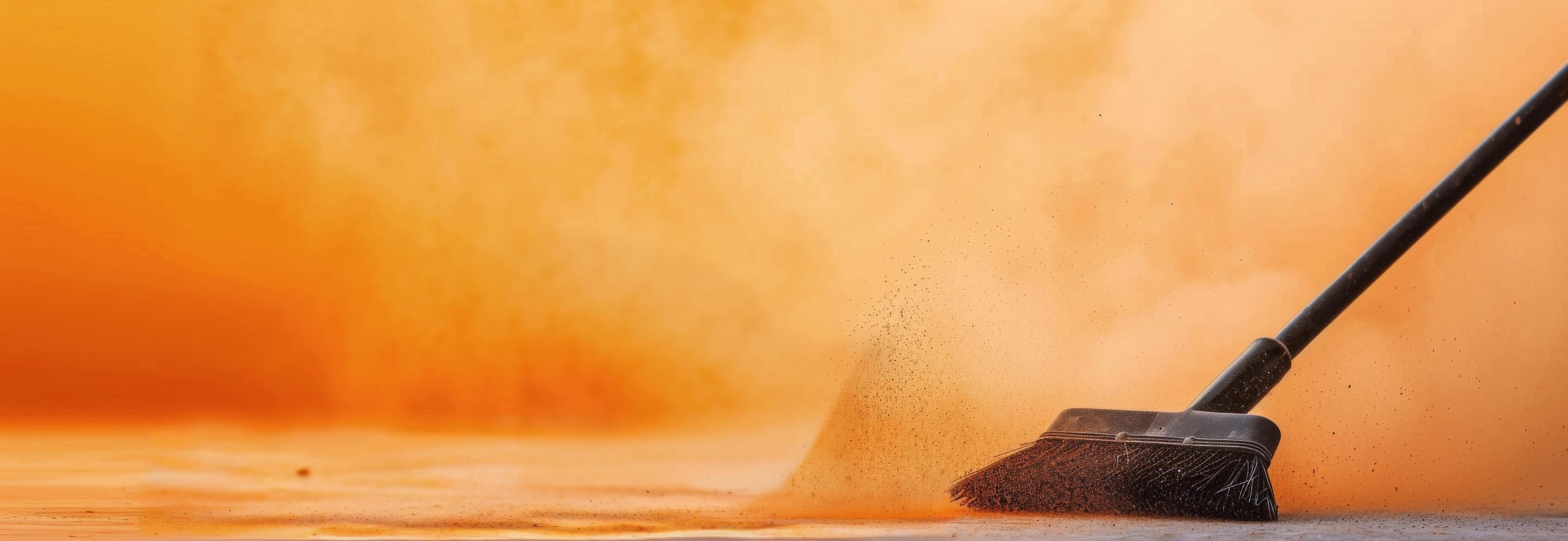 Dust Removal With Broom Against Vibrant Orange Background During Cleaning Process Stock Free