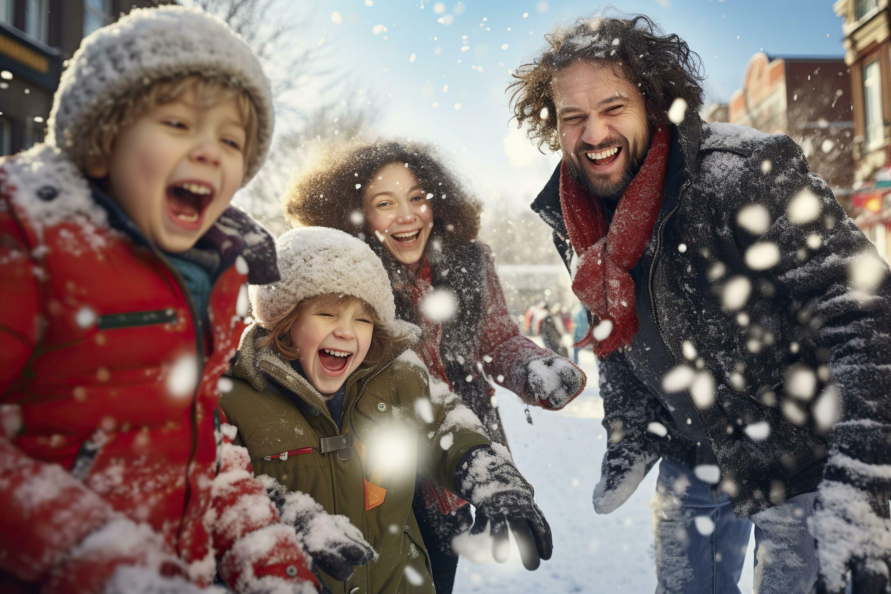 Happy family having fun in the snow. Winter holidays and people concept.AI Generated Stock Free