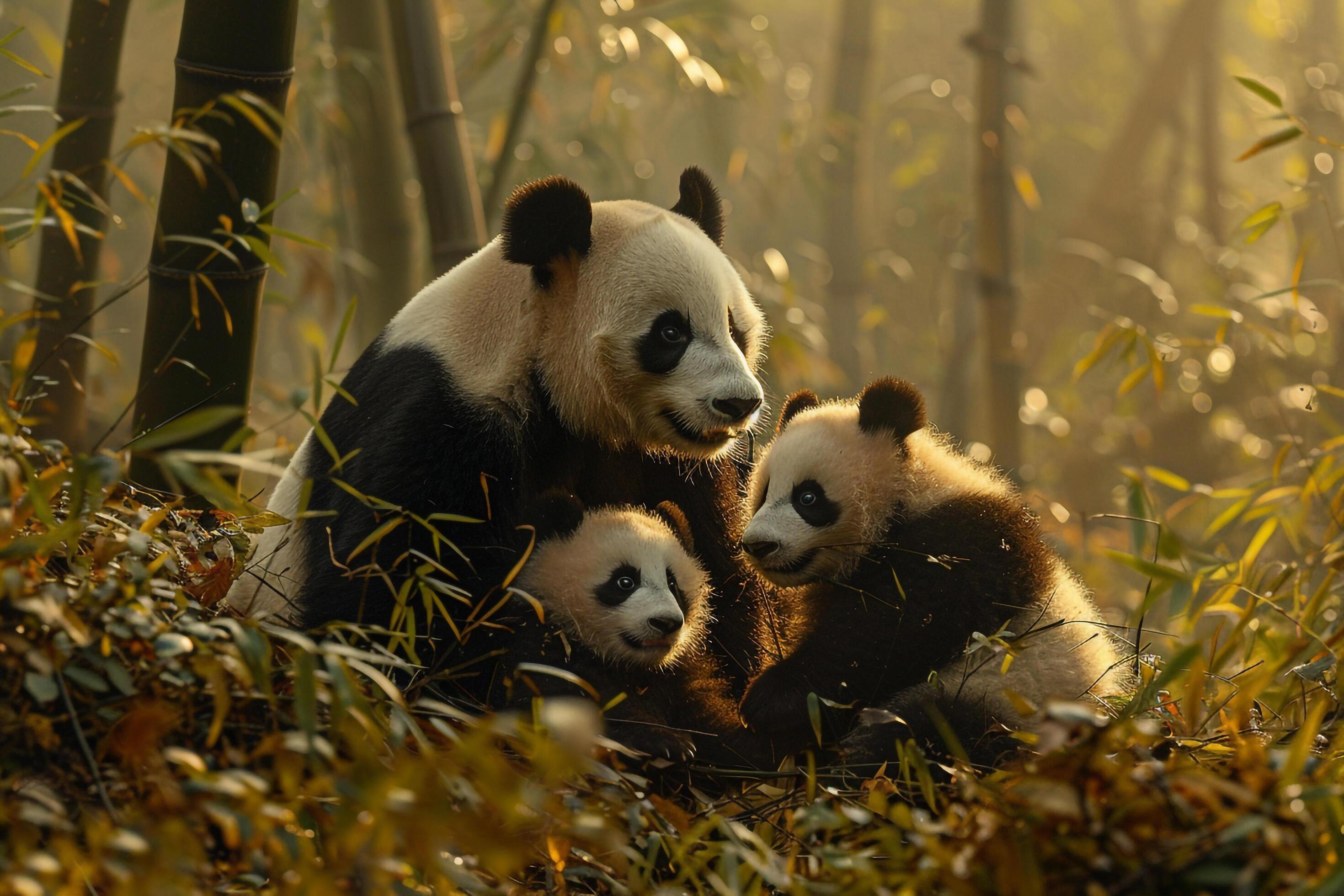 a panda bear family in the forest background Stock Free