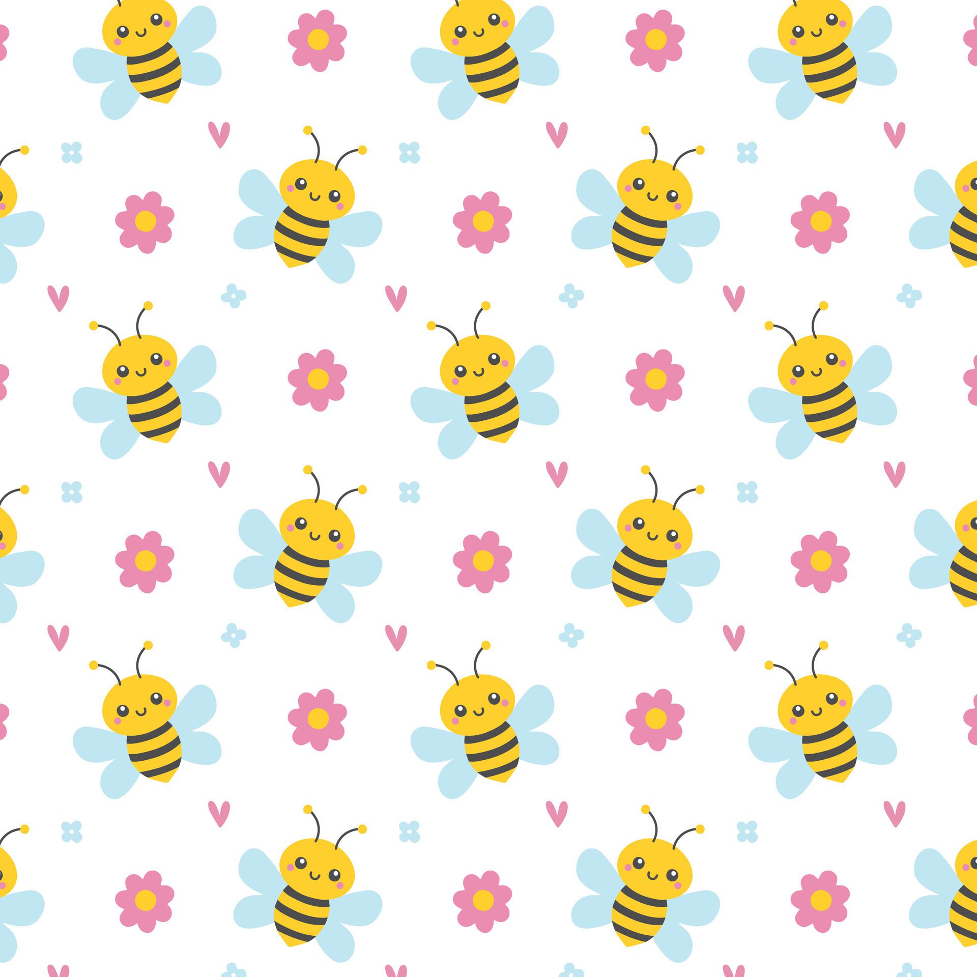 Bees, flowers and hearts on white seamless pattern. Cute childish nature design in cartoon flat style for cover, print. Free Vector