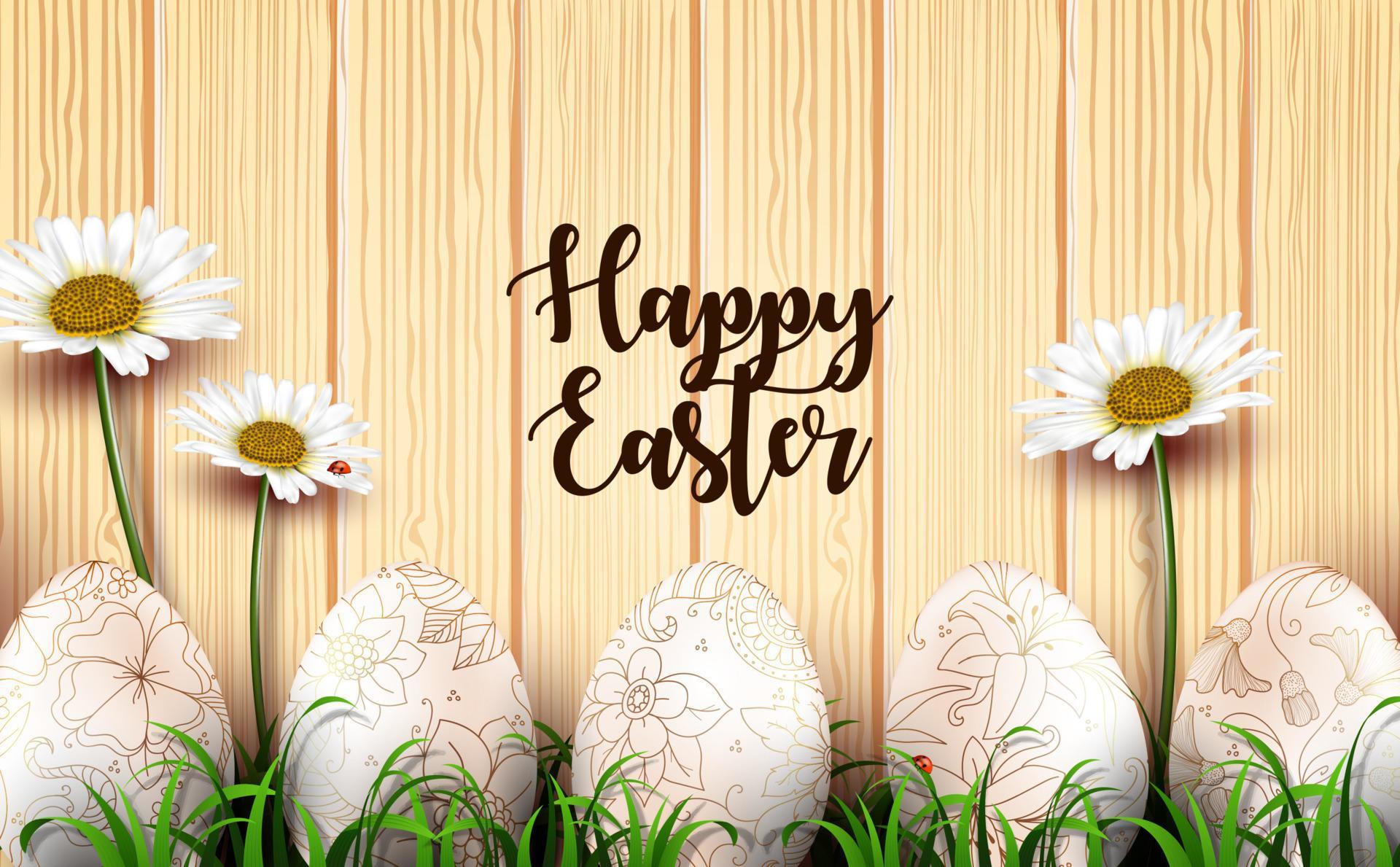 Easter background with realistic eggs and daisy flowers in the grass on wood texture background Stock Free