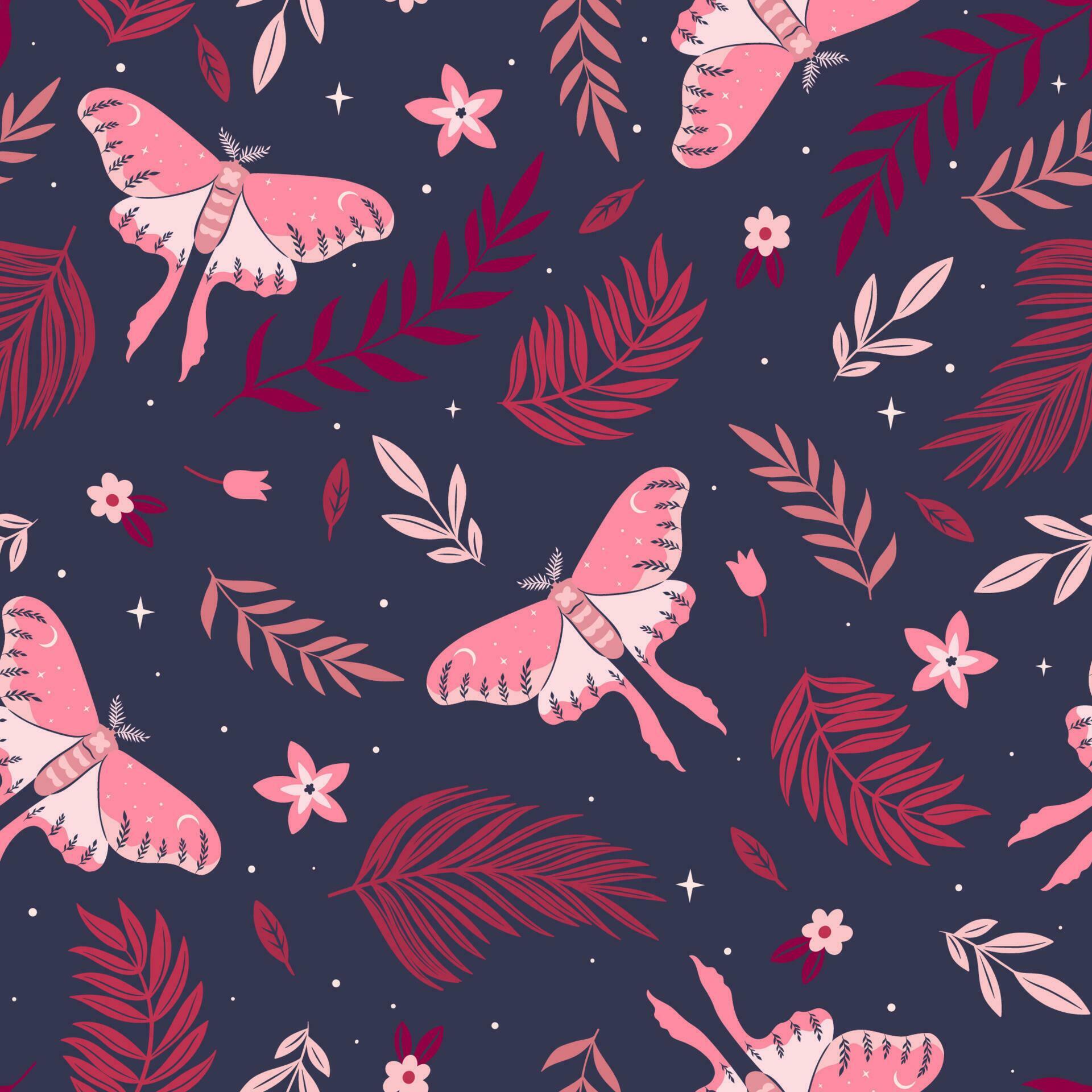 Seamless pattern with moon moths, flowers and leaves. Vector graphics. Stock Free