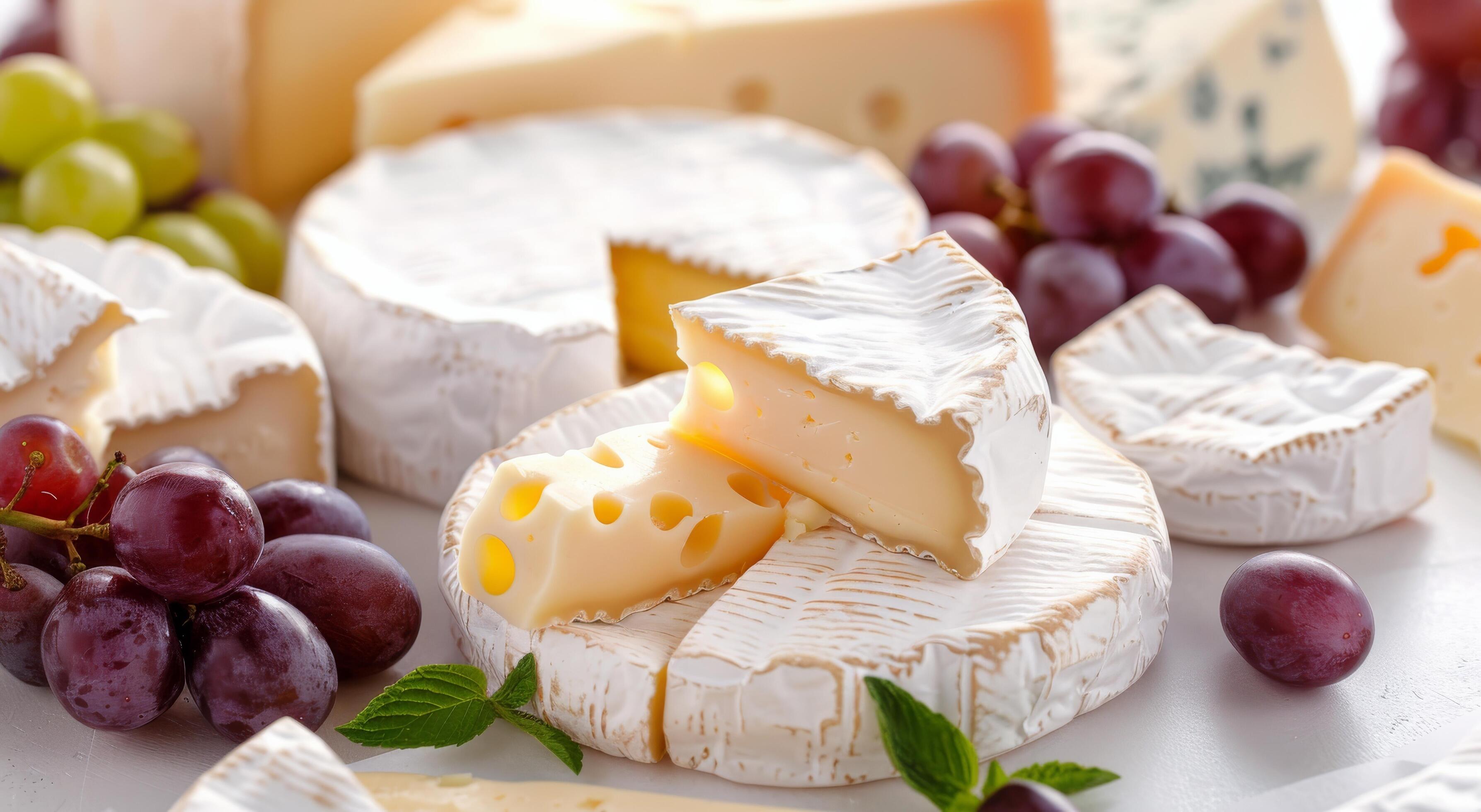 Gourmet Cheese Selection With Grapes and Fresh Mint on White Background Stock Free