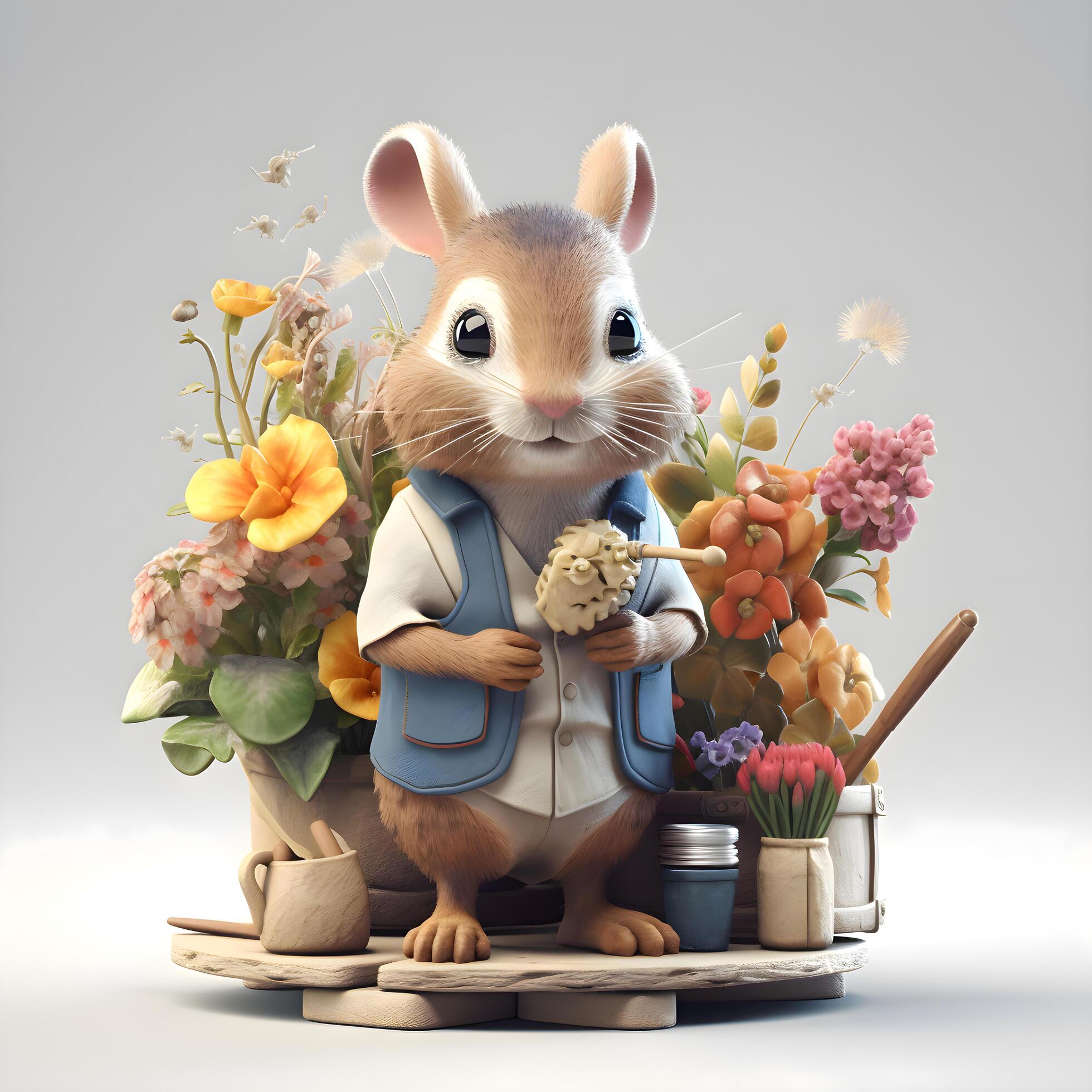 3D rendering of a cute little mouse with a bouquet of flowers, Image Stock Free