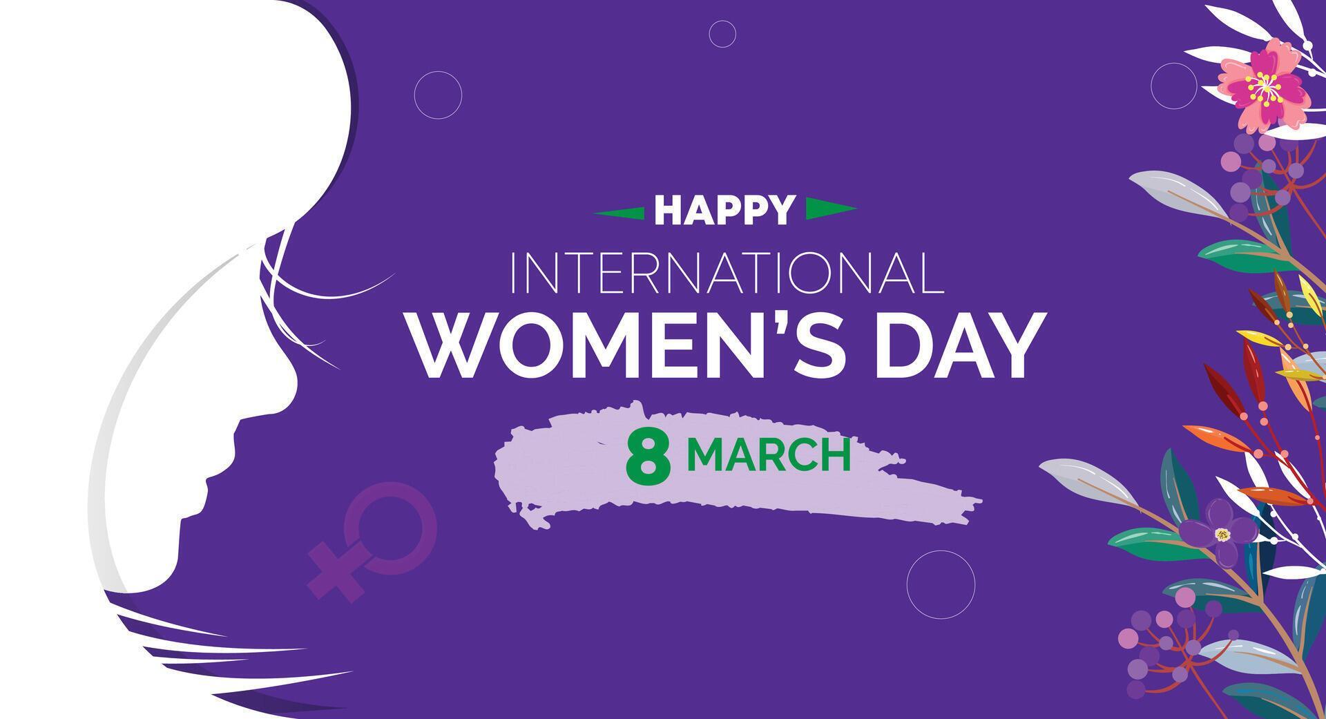 Happy Women’s Day 8 March. Women’s Day greeting banner design with flowers and a purple color Stock Free