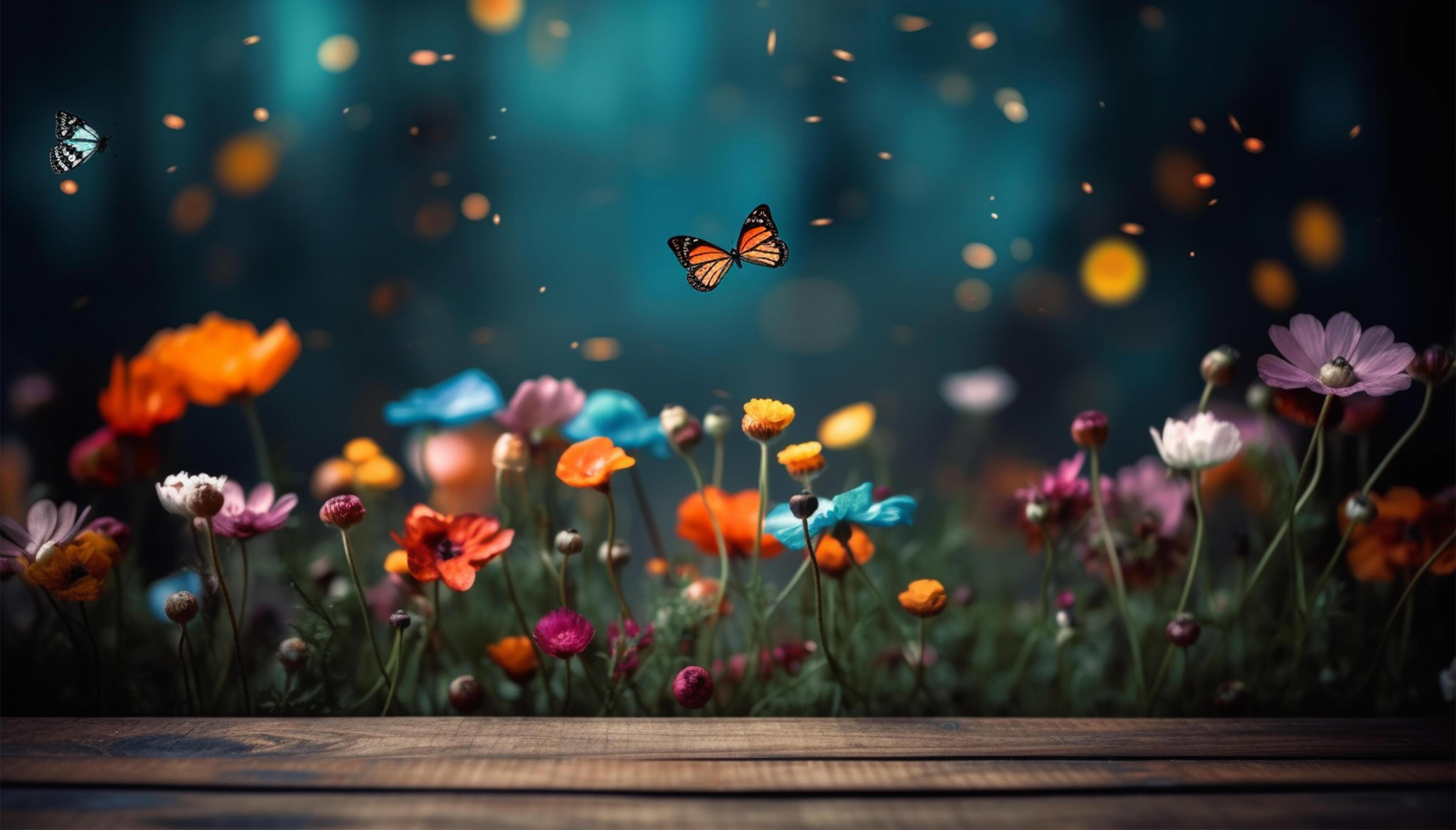 spring background. empty table, colorful flowers and butterflies. Stock Free