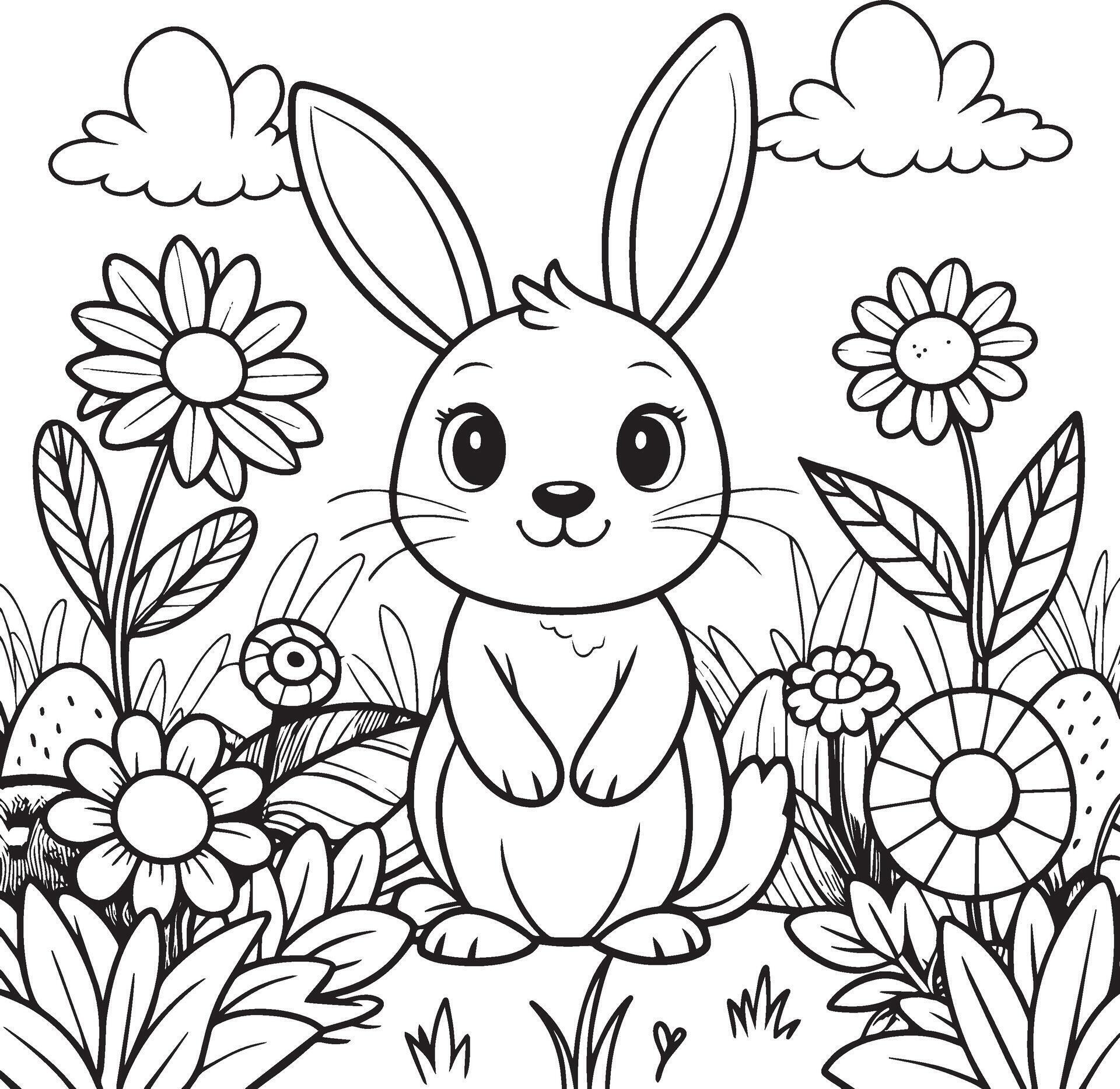 Cute cartoon bunny sitting among flowers. illustration for kids coloring book. Stock Free