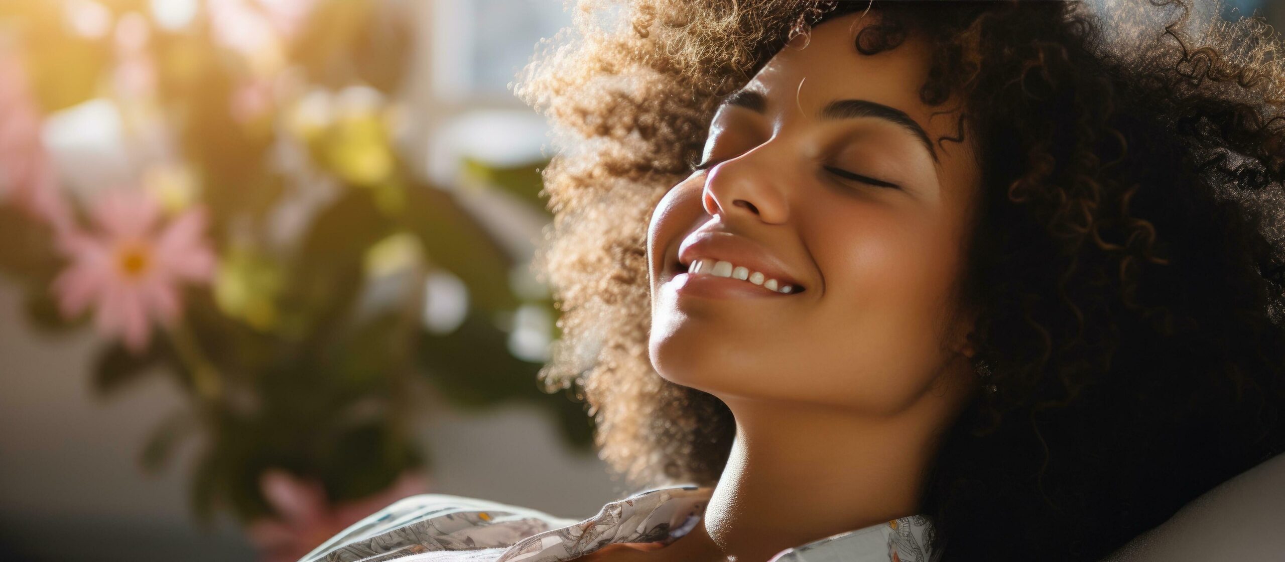 happy afro woman sleeping with her arms up smiling in the bedroom Free Photo