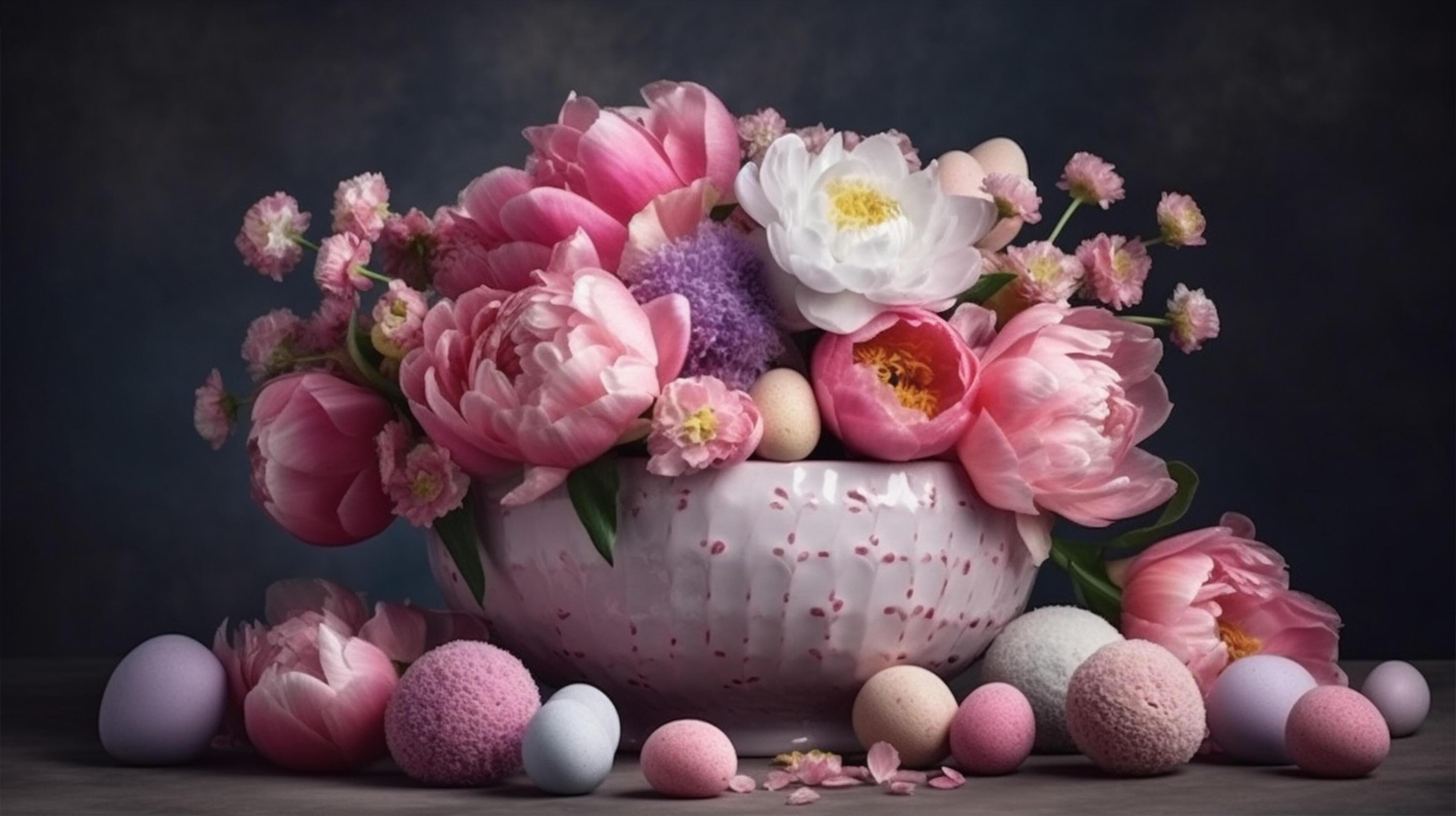 peony flowers placed in a bowl on a wooden table, Stock Free