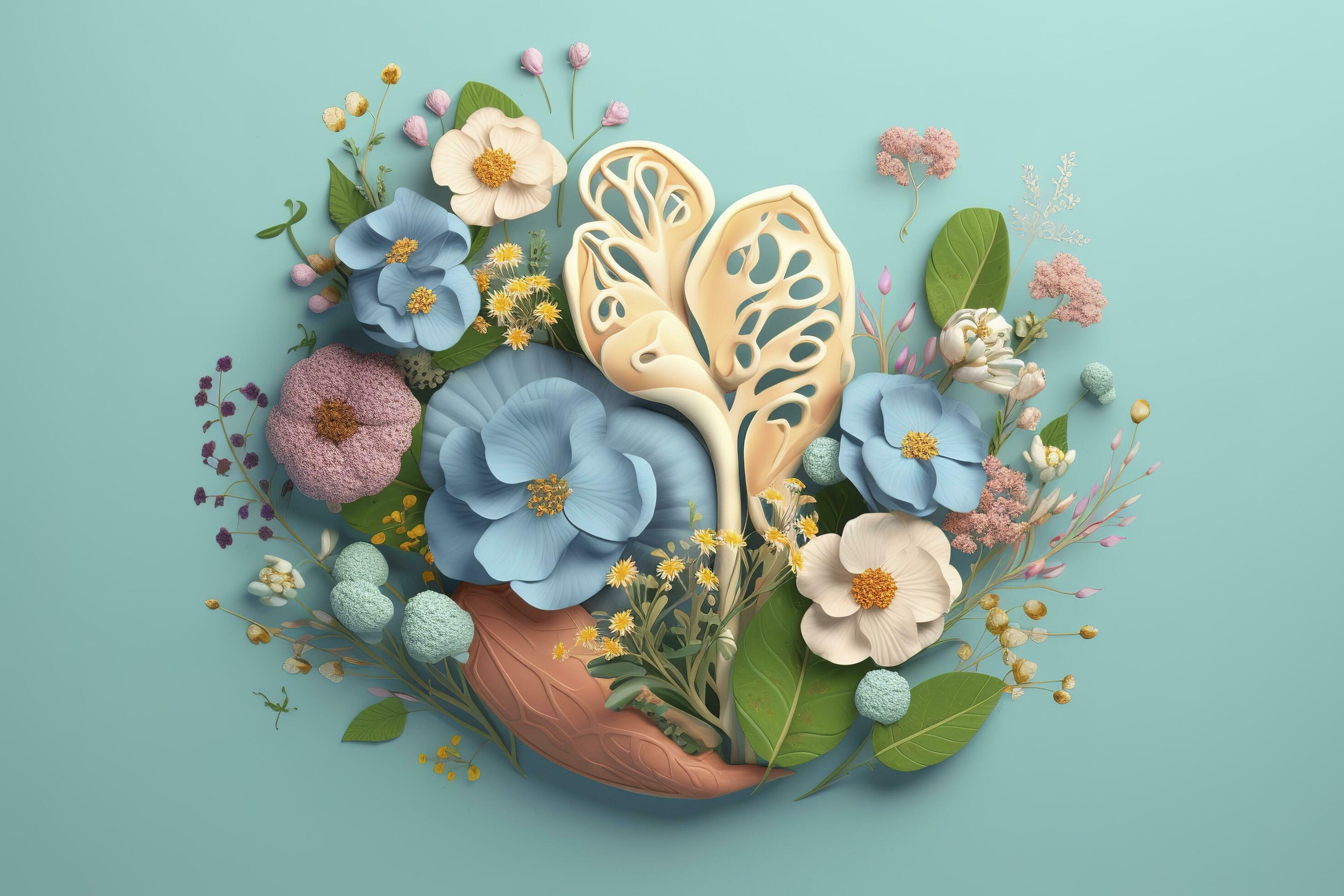 Human liver with flowers, pastel colors, on blue background, 3d render and illustration, generate ai Stock Free