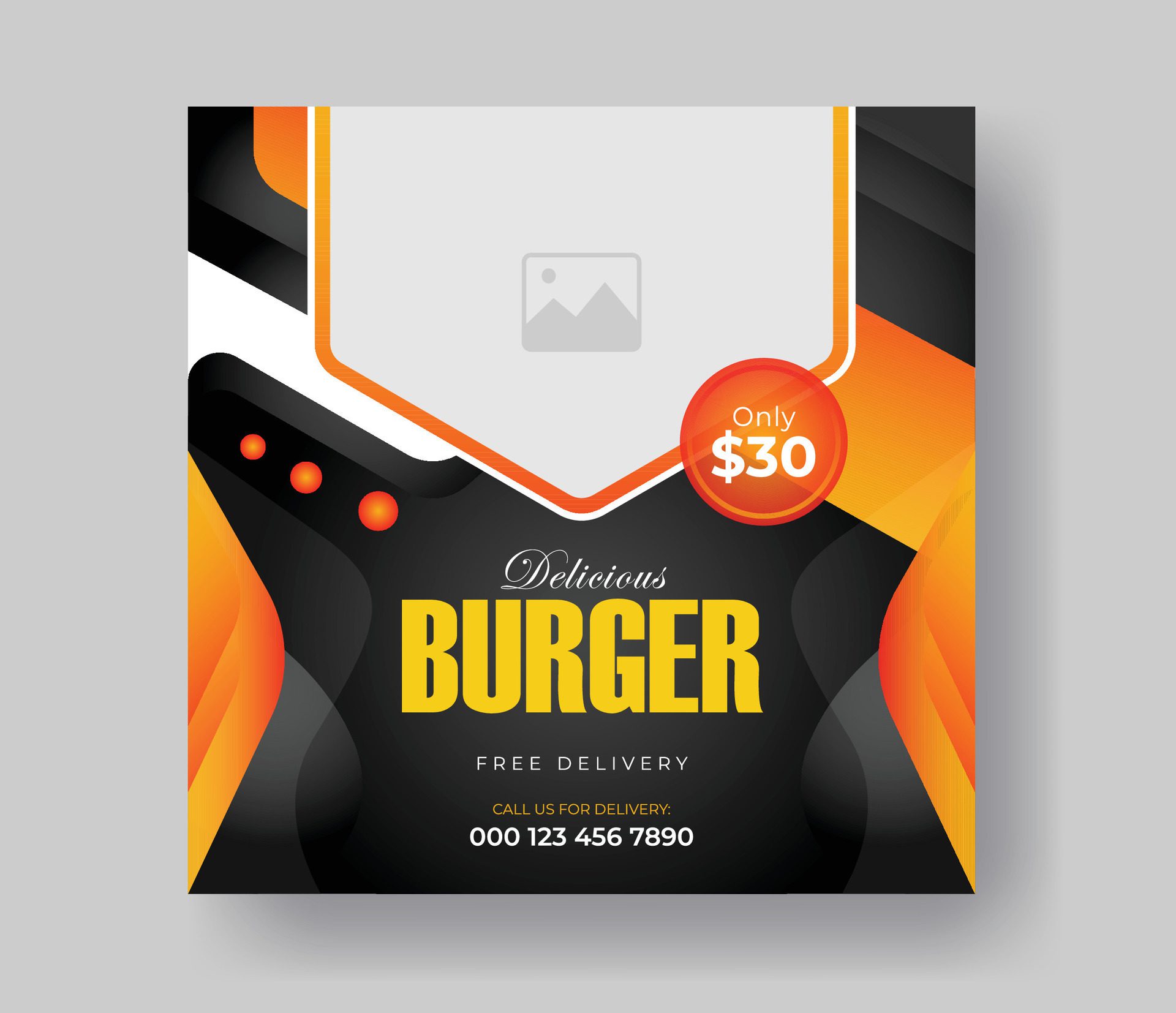 Burger food post online advertising promotion banner business vector layout design with colorful gradient shape and element. Free Vector