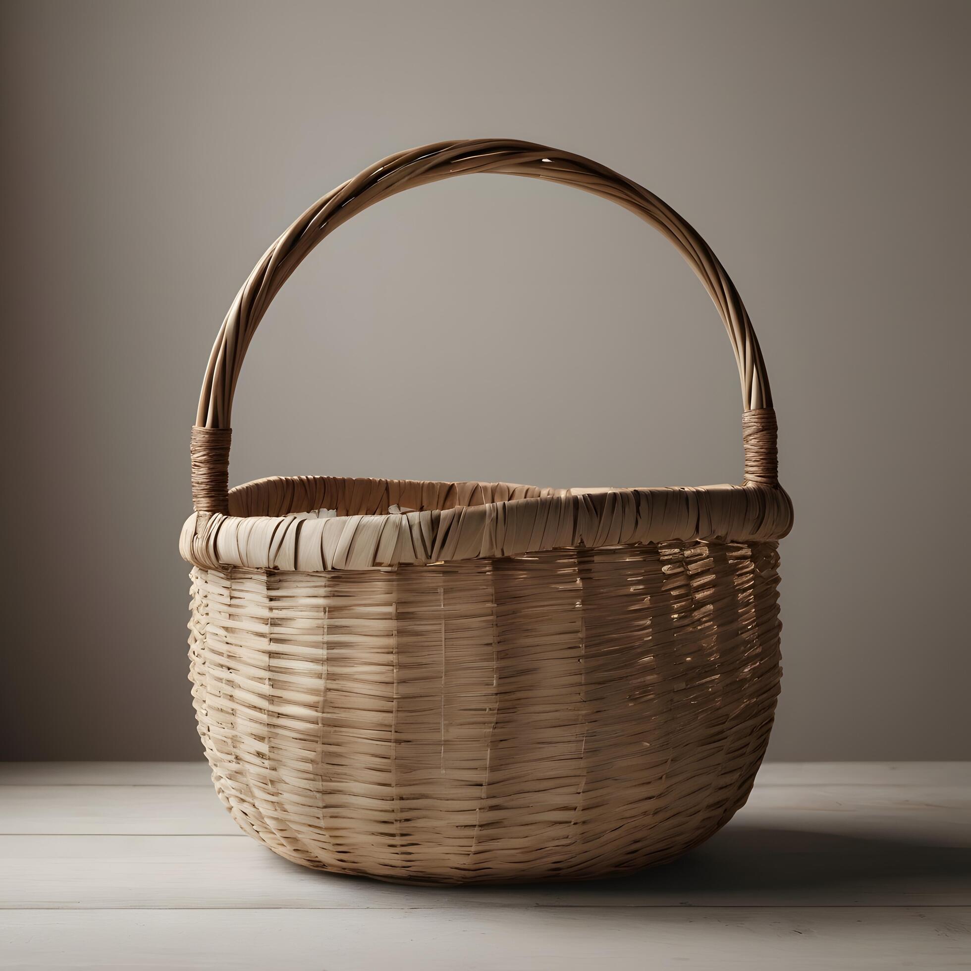 Empty wooden wicker basket, fruit or bread basket on white background Stock Free