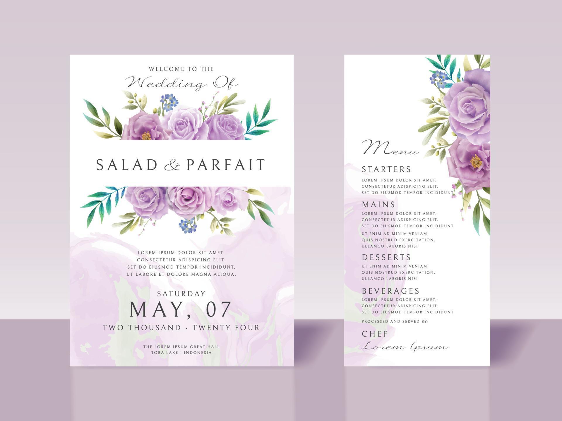 Wedding invitation card template with purple flowers Stock Free