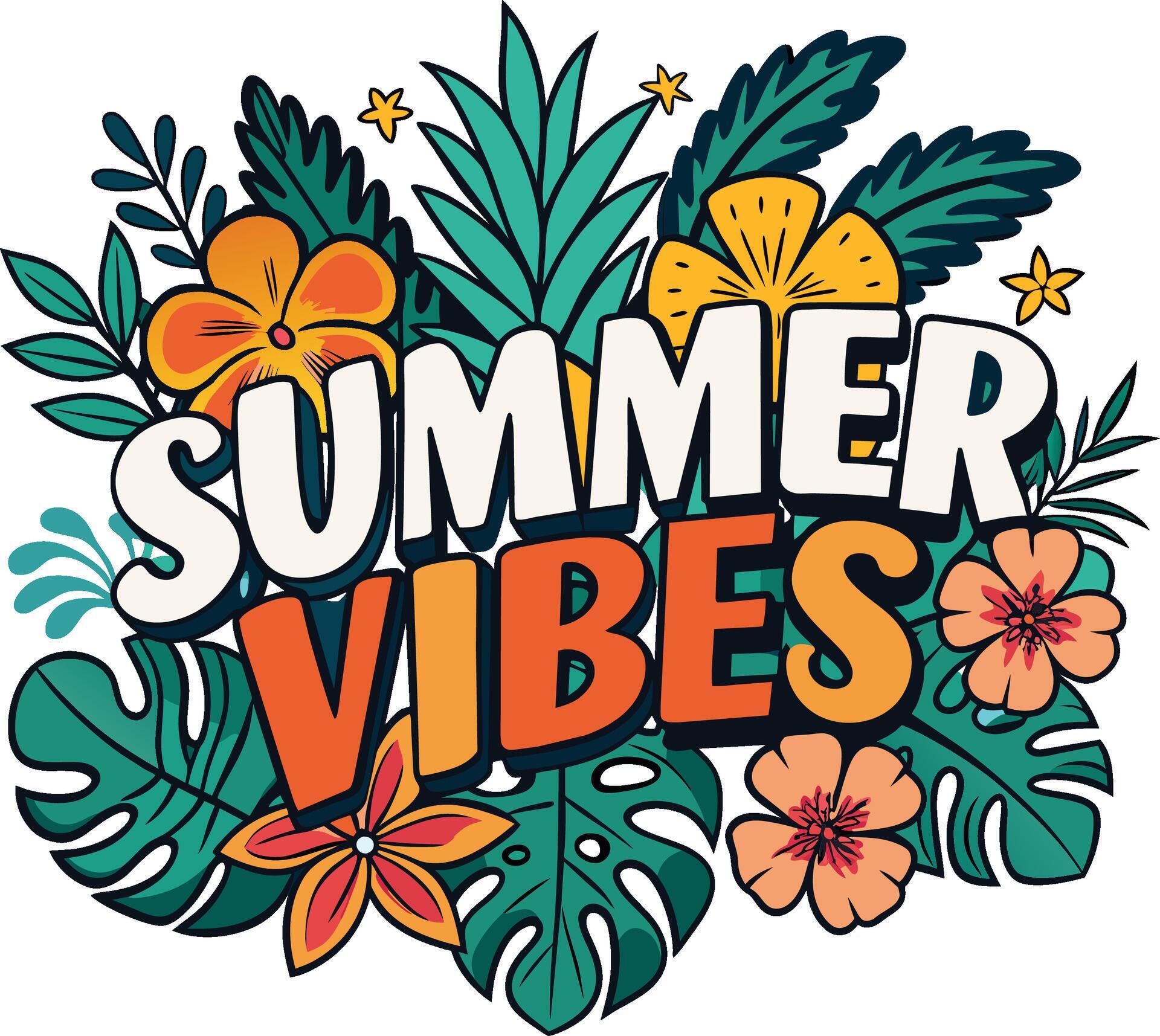 Summer vibes. Hand drawn lettering with hibiscus flowers. Stock Free