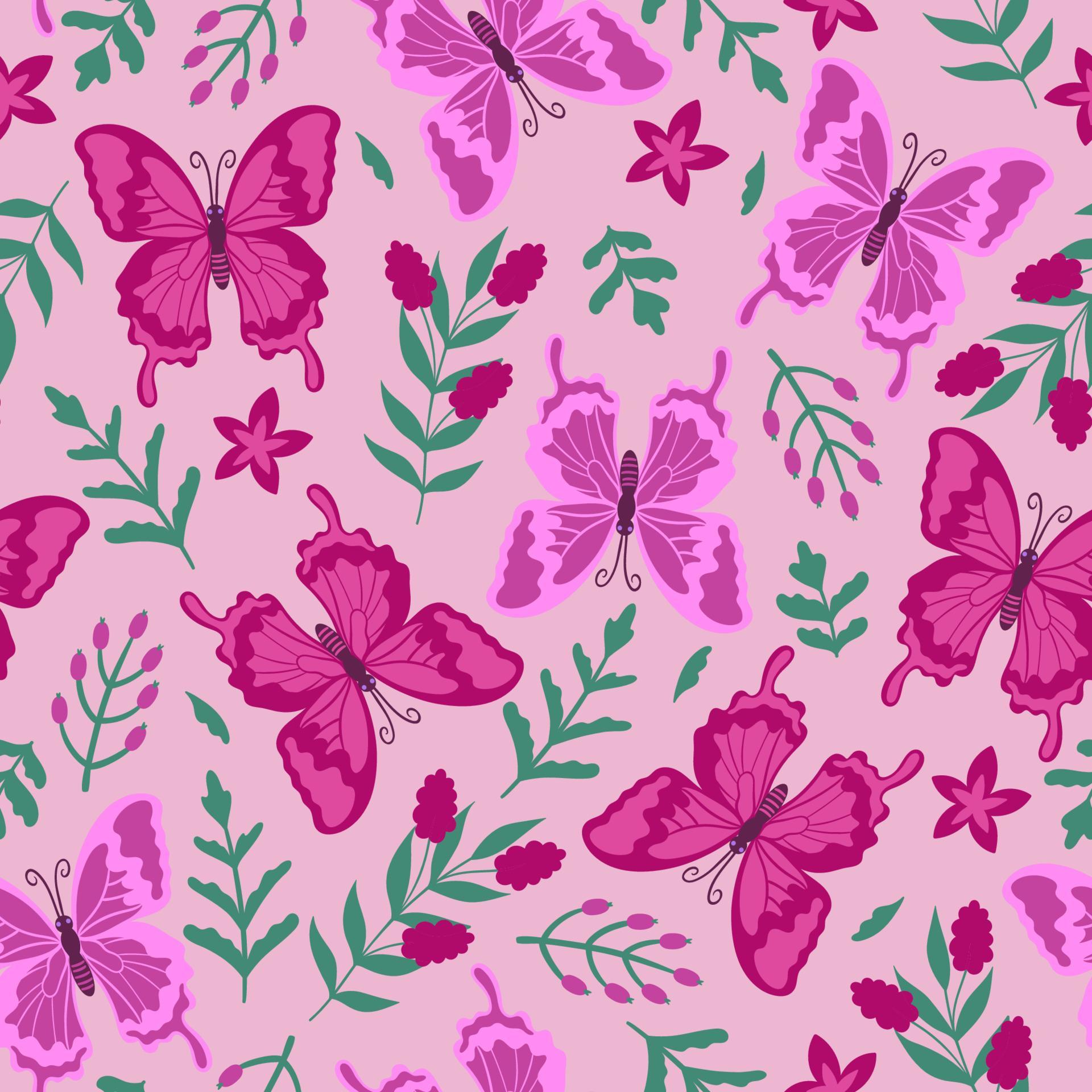 Seamless pattern with pink butterflies and flowers. Vector graphics. Stock Free