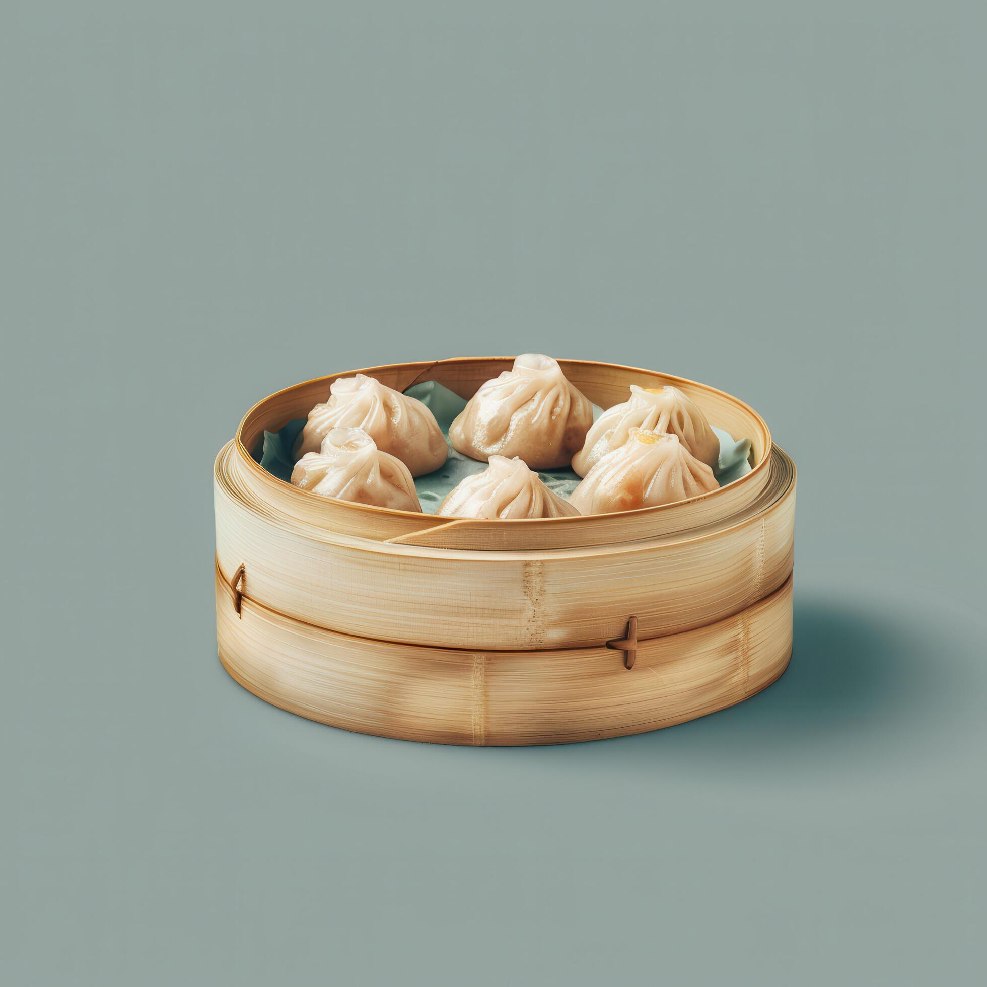 Freshly steamed dumplings in a bamboo steamer. Delicious Chinese food for a family dinner. Stock Free