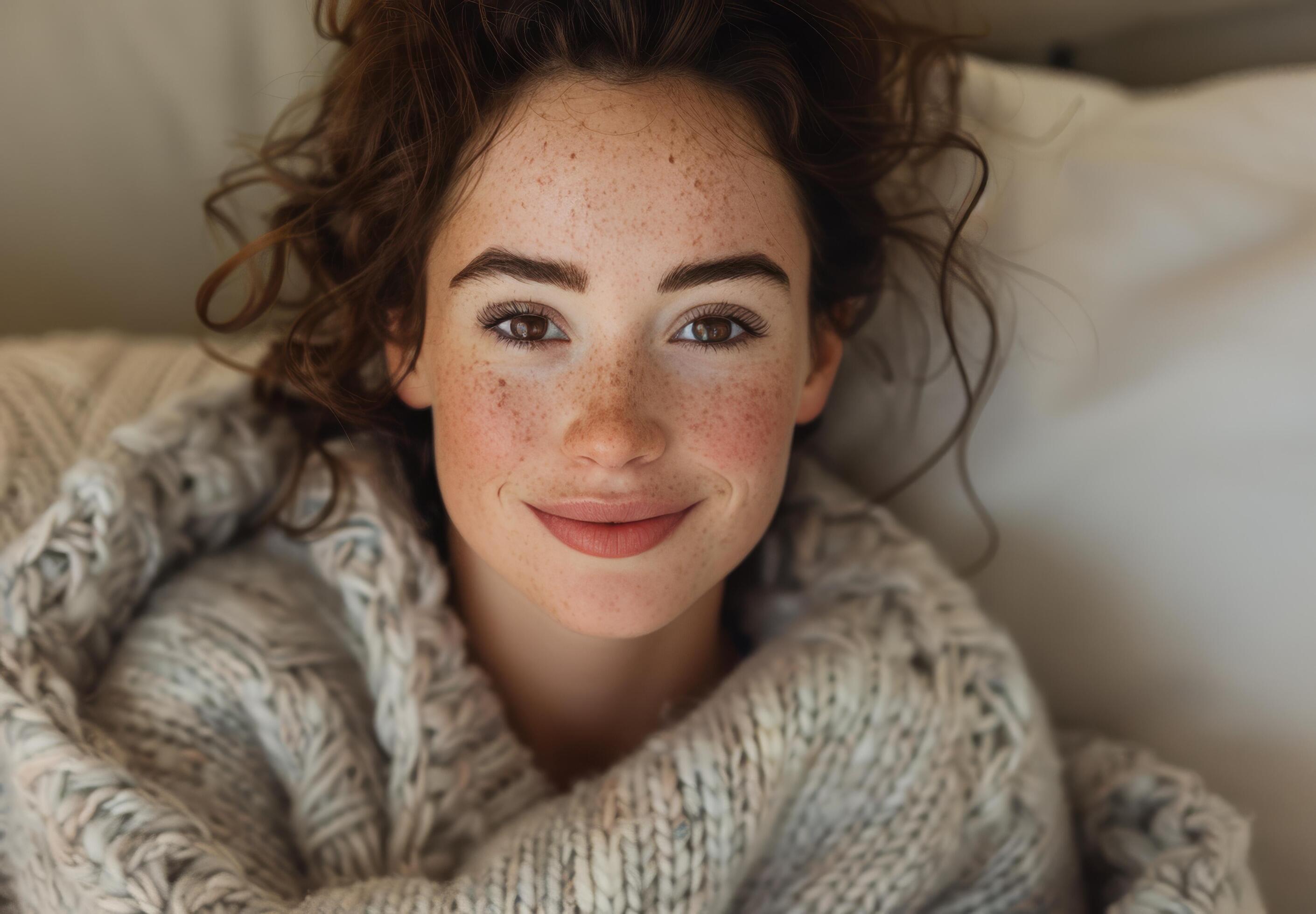 Close Up Portrait of a Woman With Curly Brown Hair and Blue Eyes Wearing a Grey Knit Sweater Stock Free