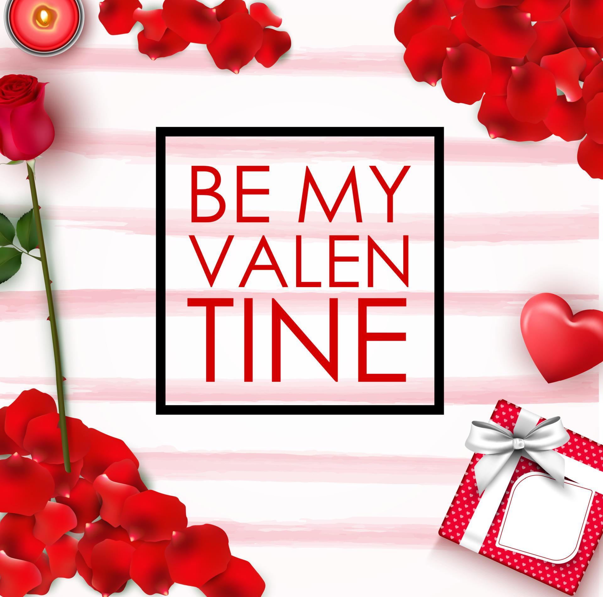 Be my Valentine concept with square frame, red petal, candles, rose flower, heart and gift box Stock Free