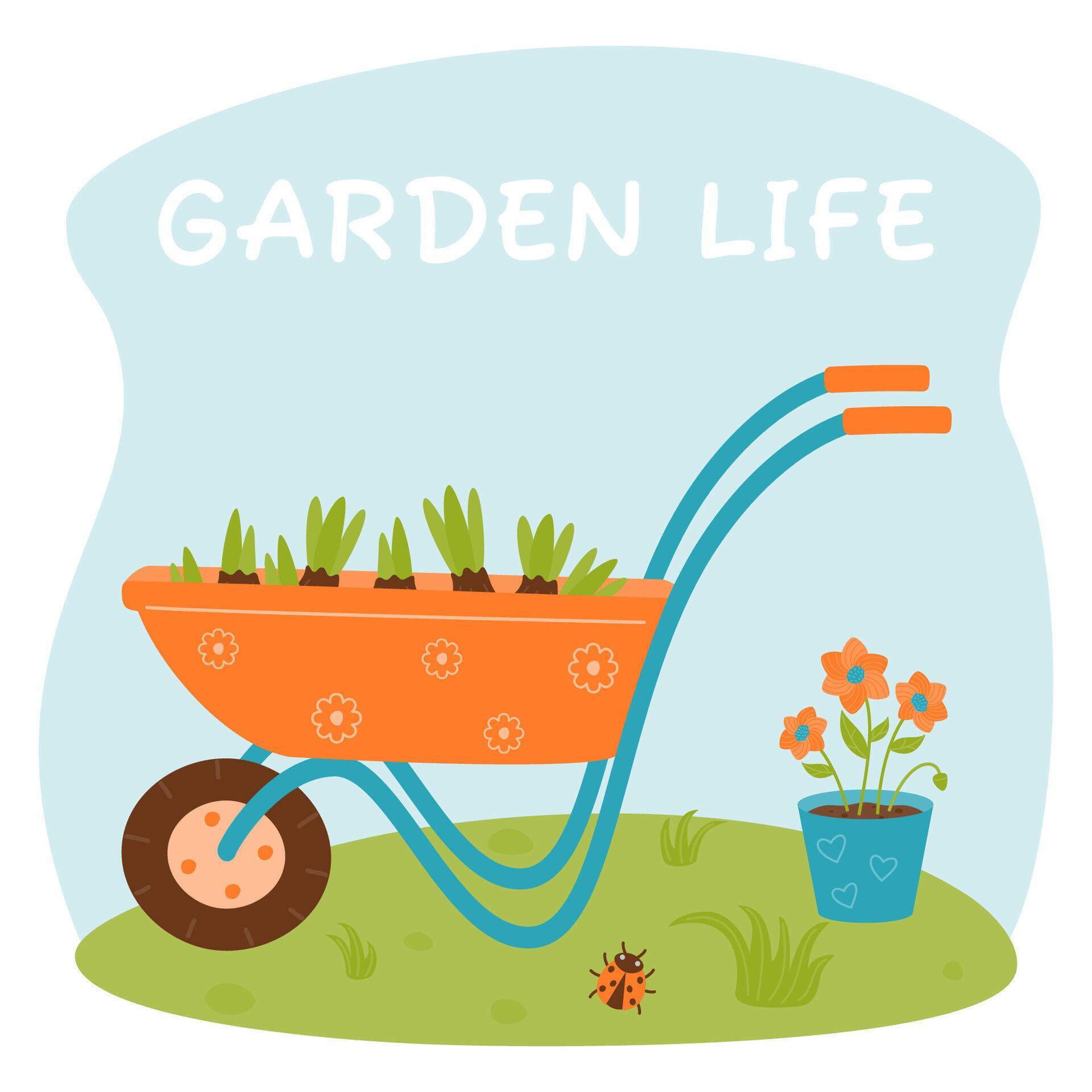 A composition of a garden wheelbarrow with seedlings, a flower pot and a ladybug. Stock Free