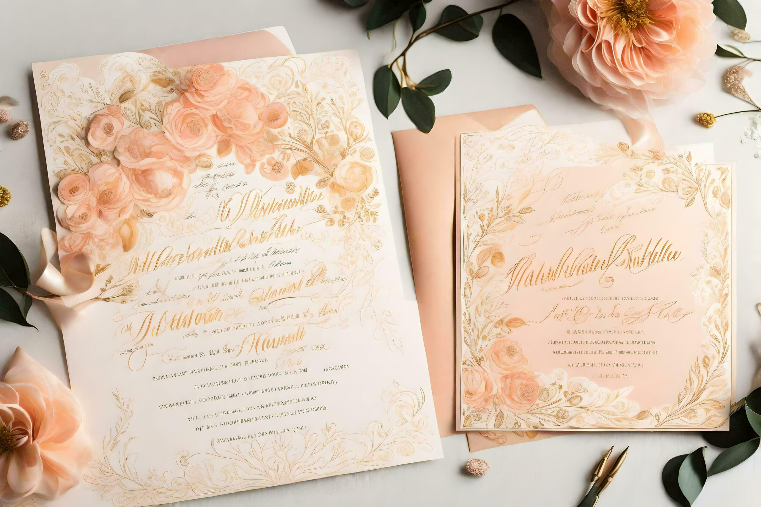 a wedding invitation with peach flowers and gold foil Free Photo