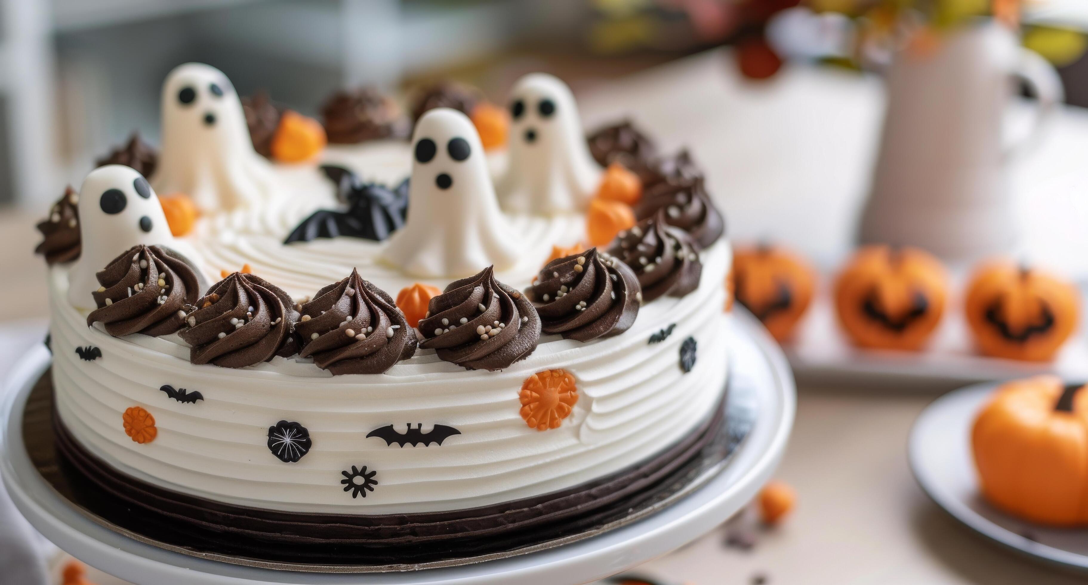 Halloween Themed Cake With Ghosts and Pumpkins on a Festive Table Stock Free