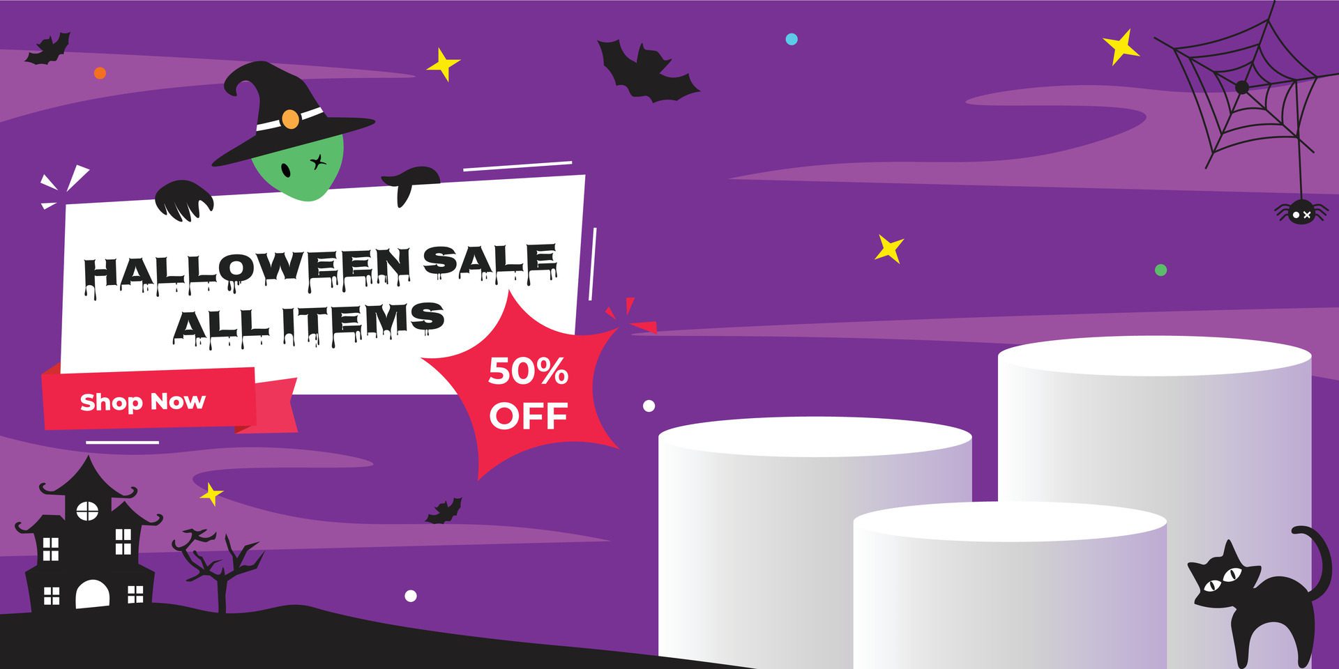 Halloween sale promo banner template with blank product podium Free Vector