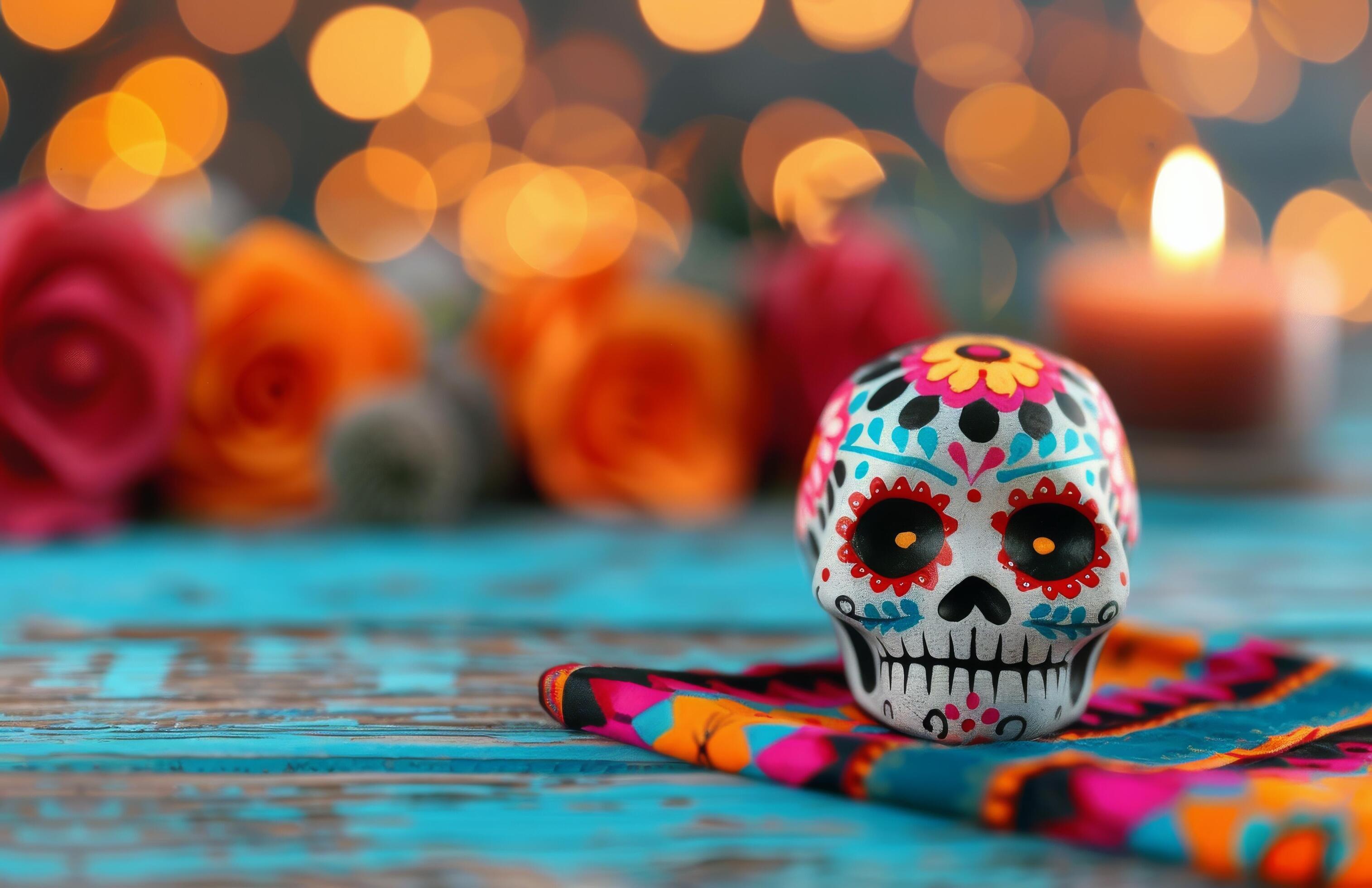 Colorful Sugar Skull With Flowers and Candle on a Decorative Fabric Background Stock Free