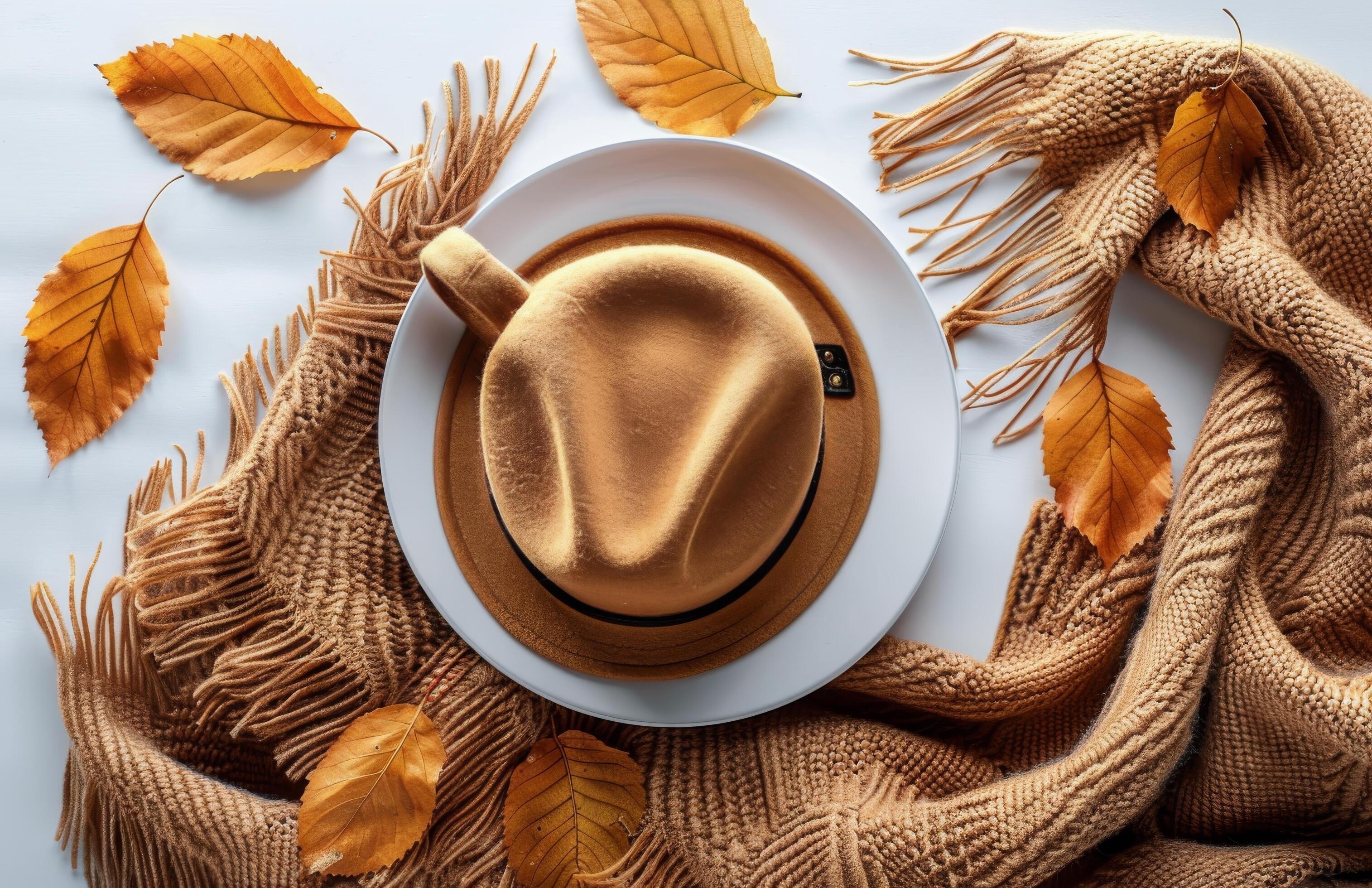 Autumnal Coffee Cup on White Table With Brown Scarf and Fall Leaves Stock Free