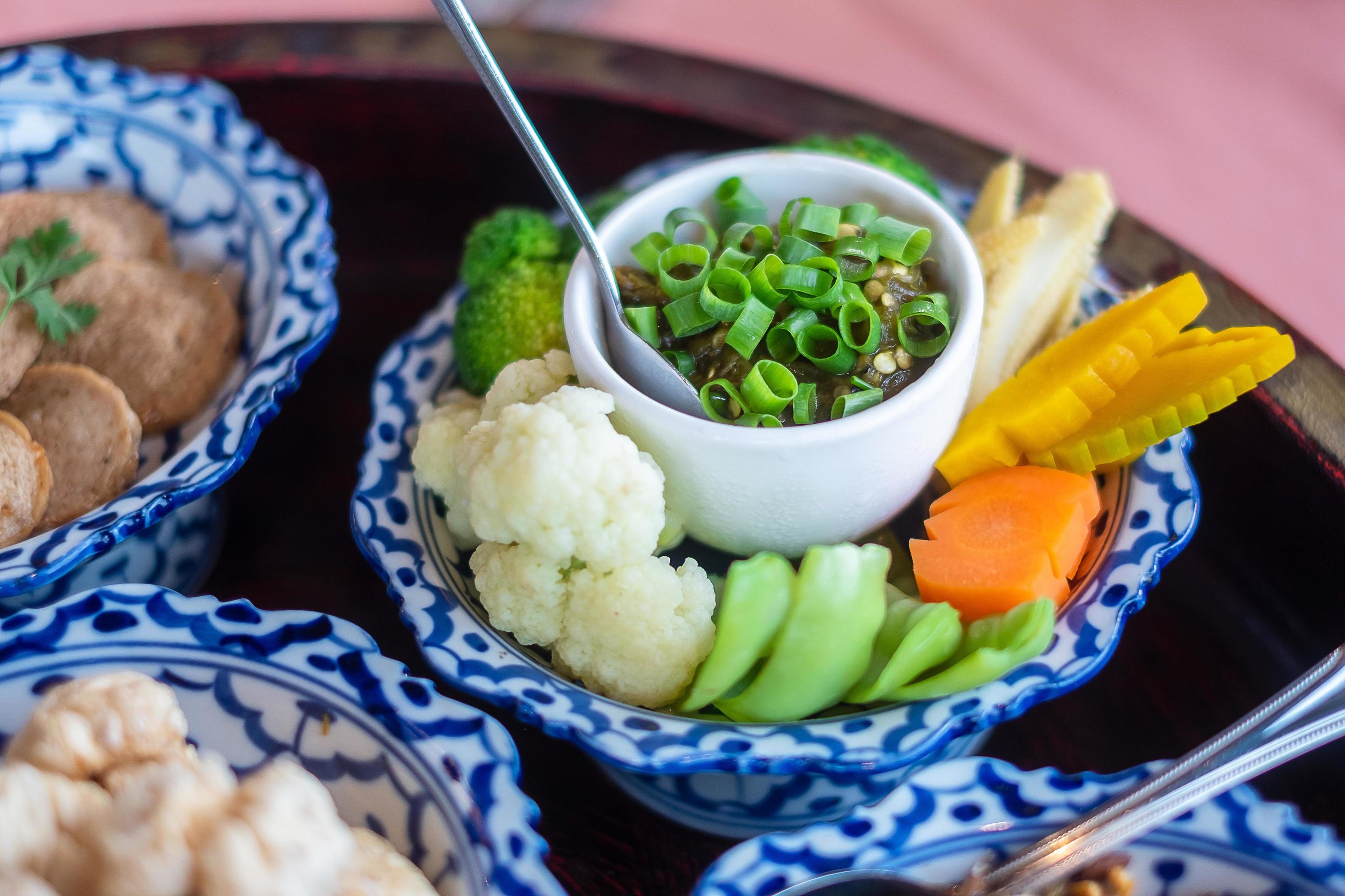 traditional Thai food on bamboo tray or Khan Toke, local food in Northern of Thailand Stock Free