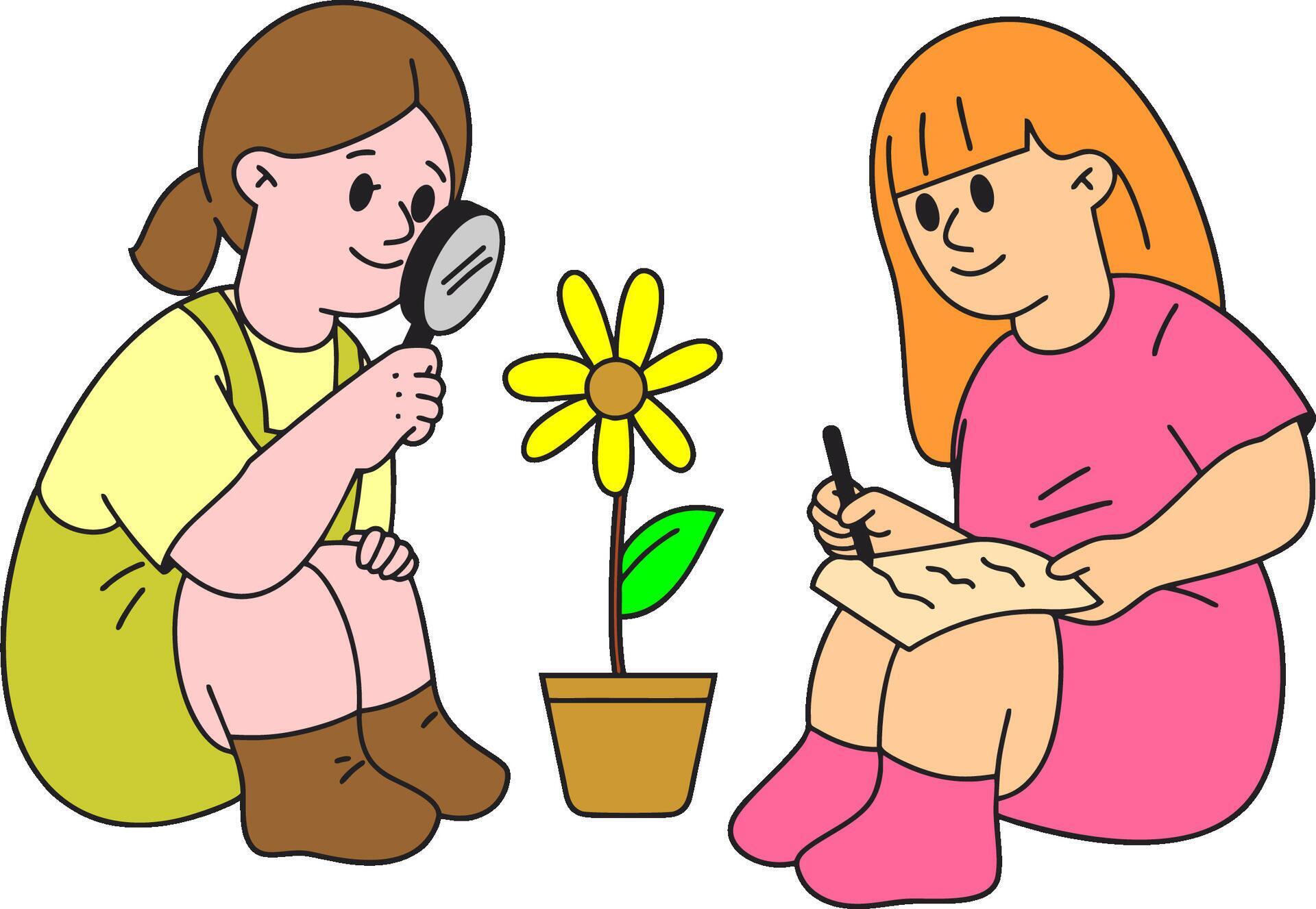 two girls are sitting next to a flower pot and writing Stock Free