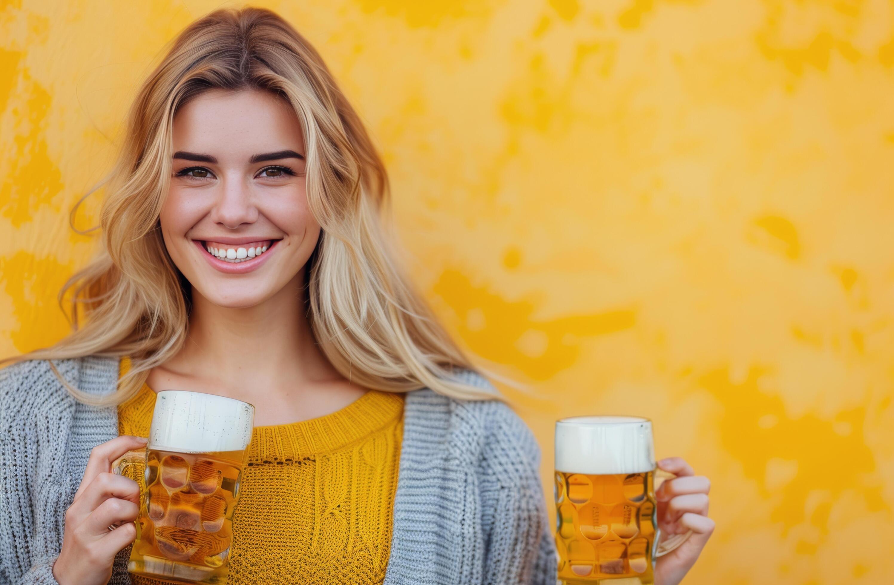 Young Woman Smiling With Beer Mugs Against Bright Yellow Background Stock Free