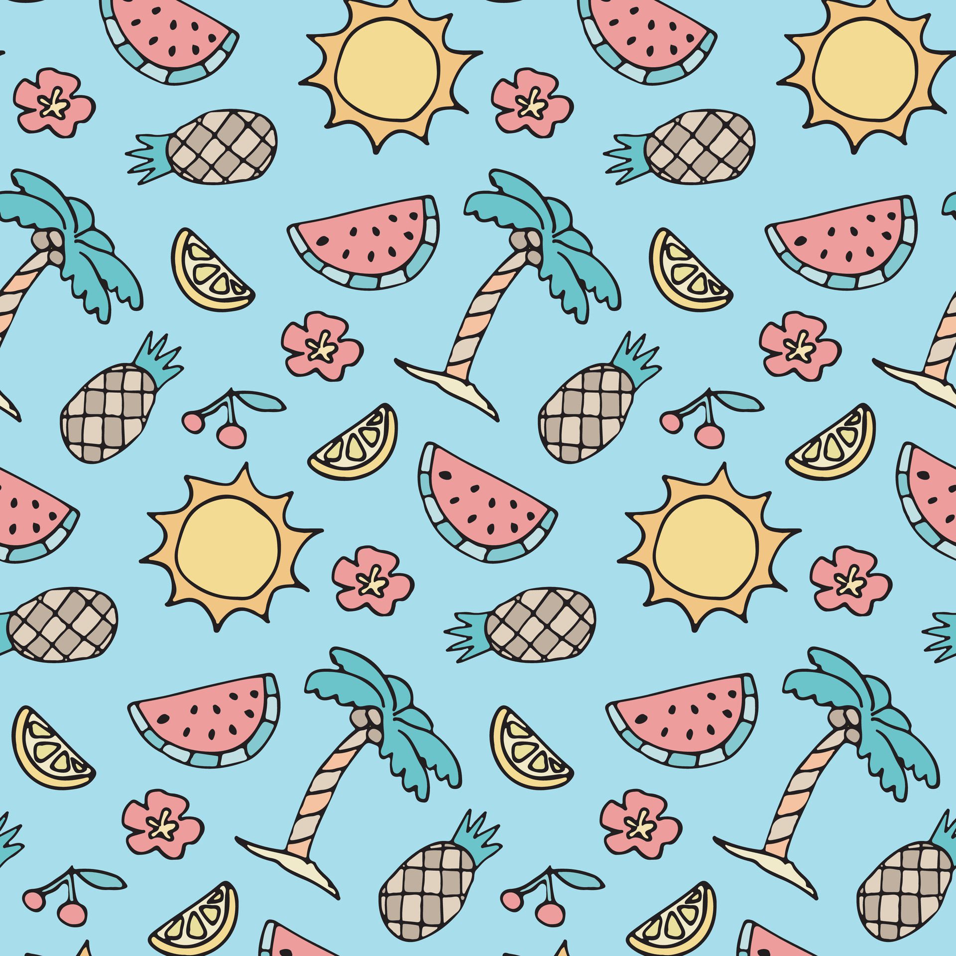 Hand drawn seamless tropical vacation pattern in a cute, retro design. Ideal for restaurant menus, packaging, summer beach touch Free Vector