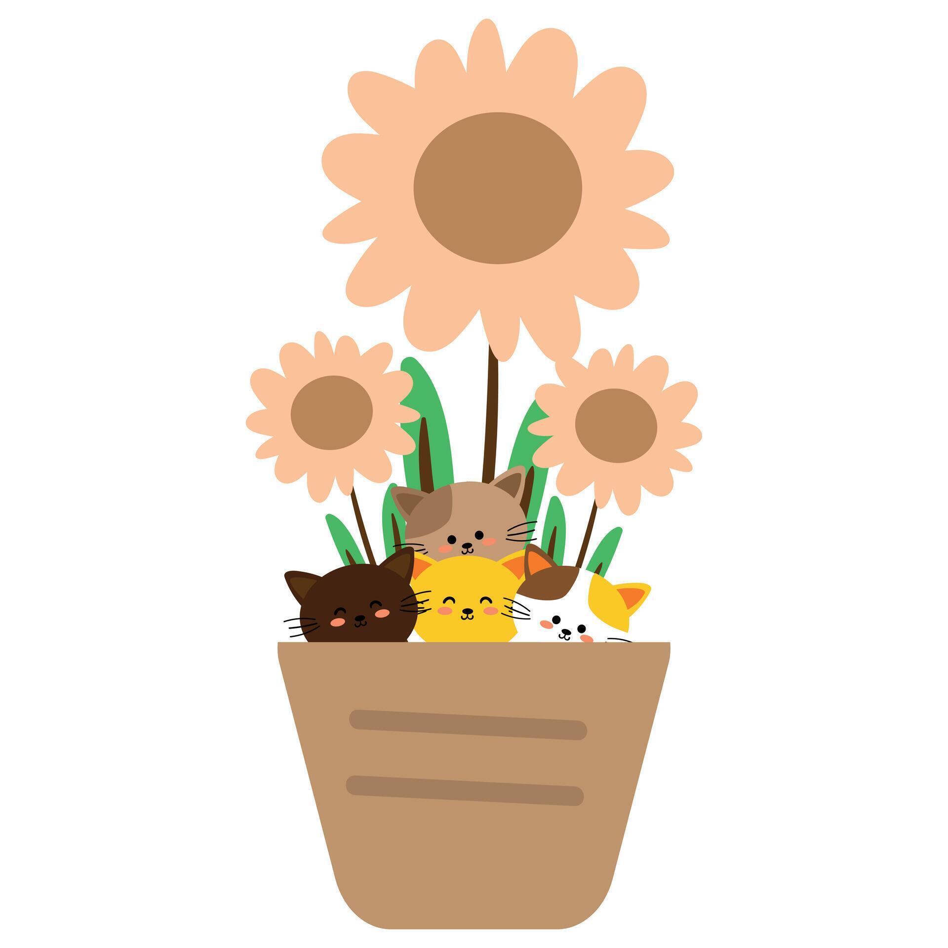 Cute illustration of a cat in a pot with cute cartoon flowers with cute handwriting. cute animal wallpapers, backgrounds and cards Stock Free