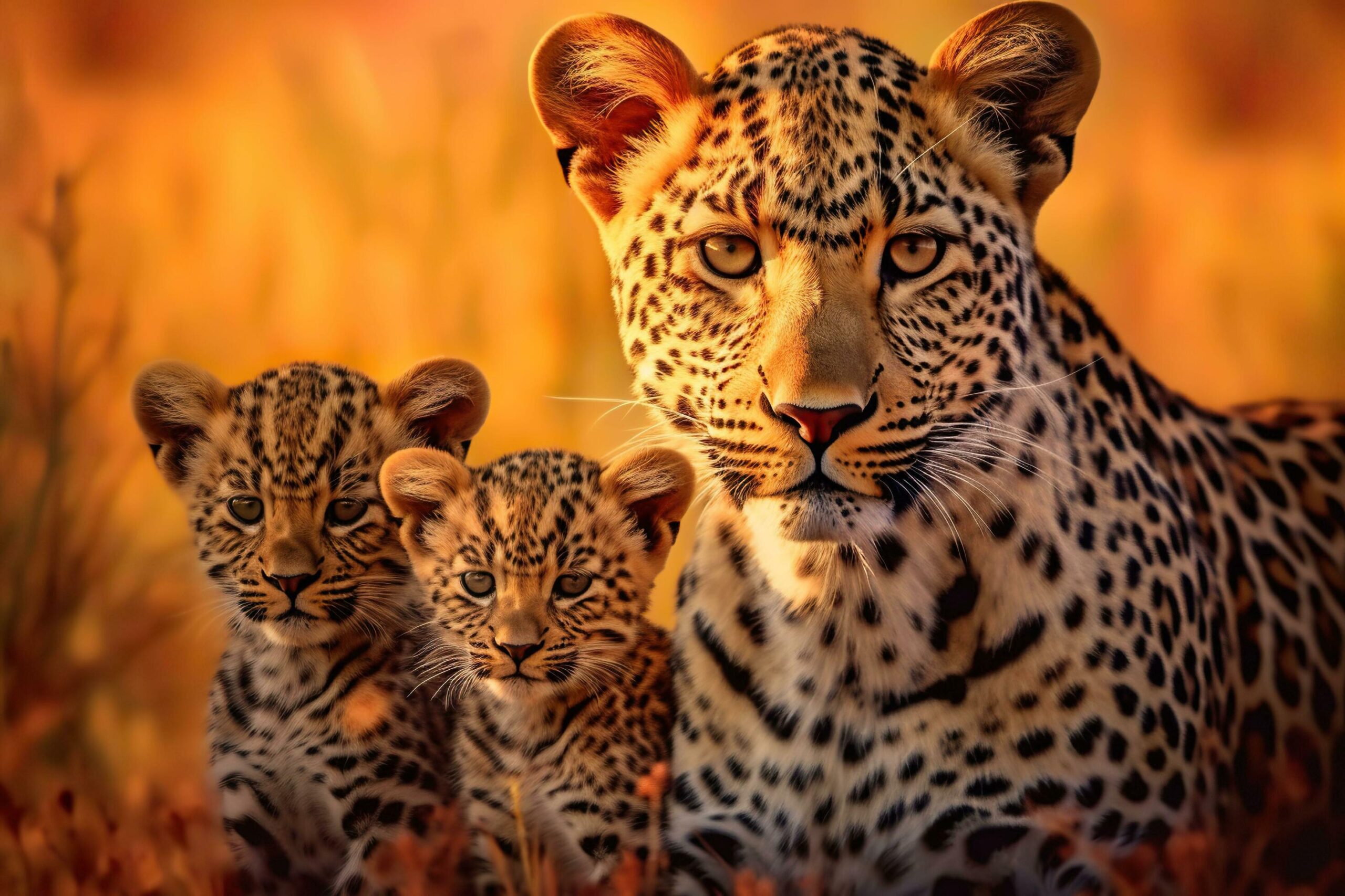 A leopard mother and her cubs. Free Photo