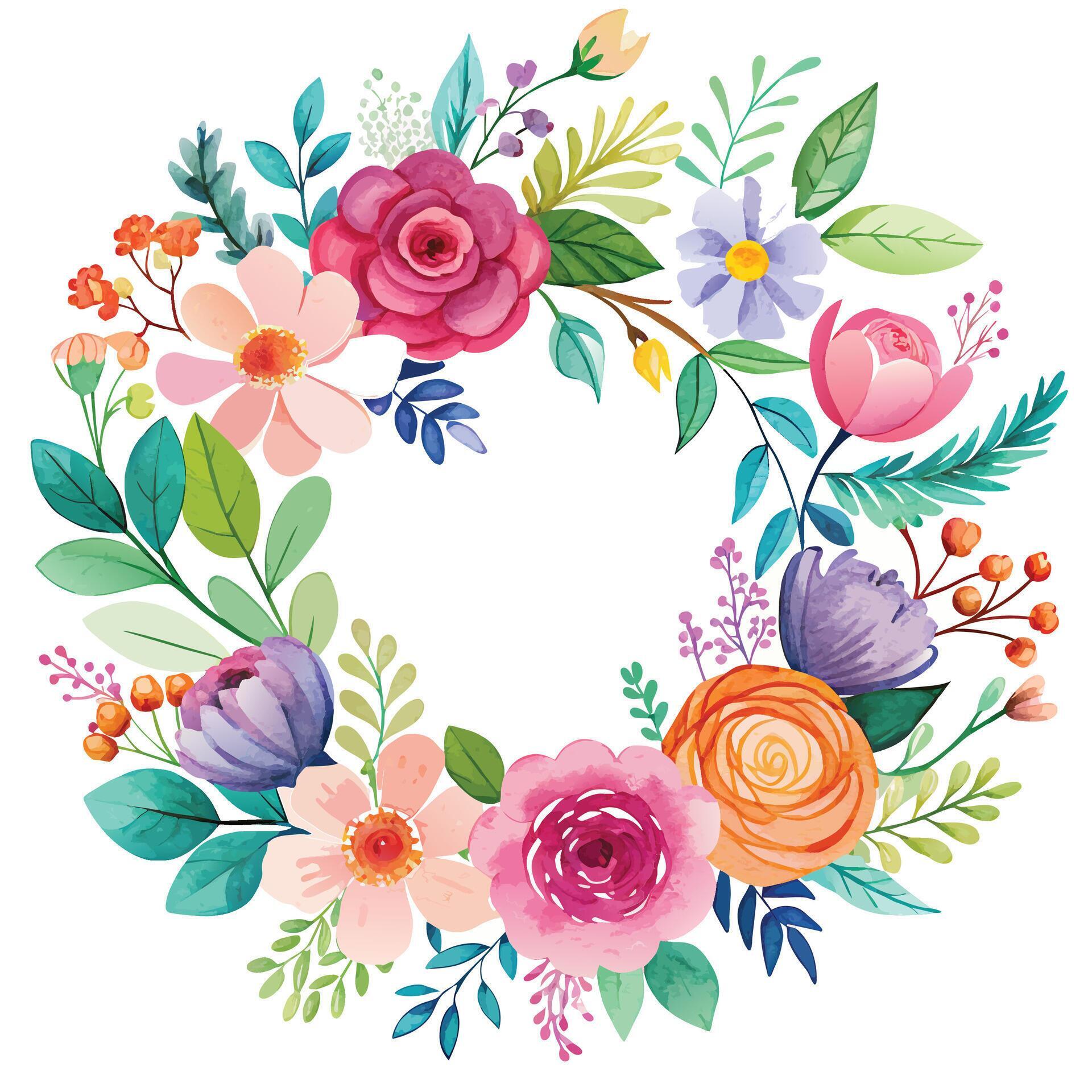 Watercolor floral wreath with flowers and leaves. Hand drawn vector illustration. Stock Free