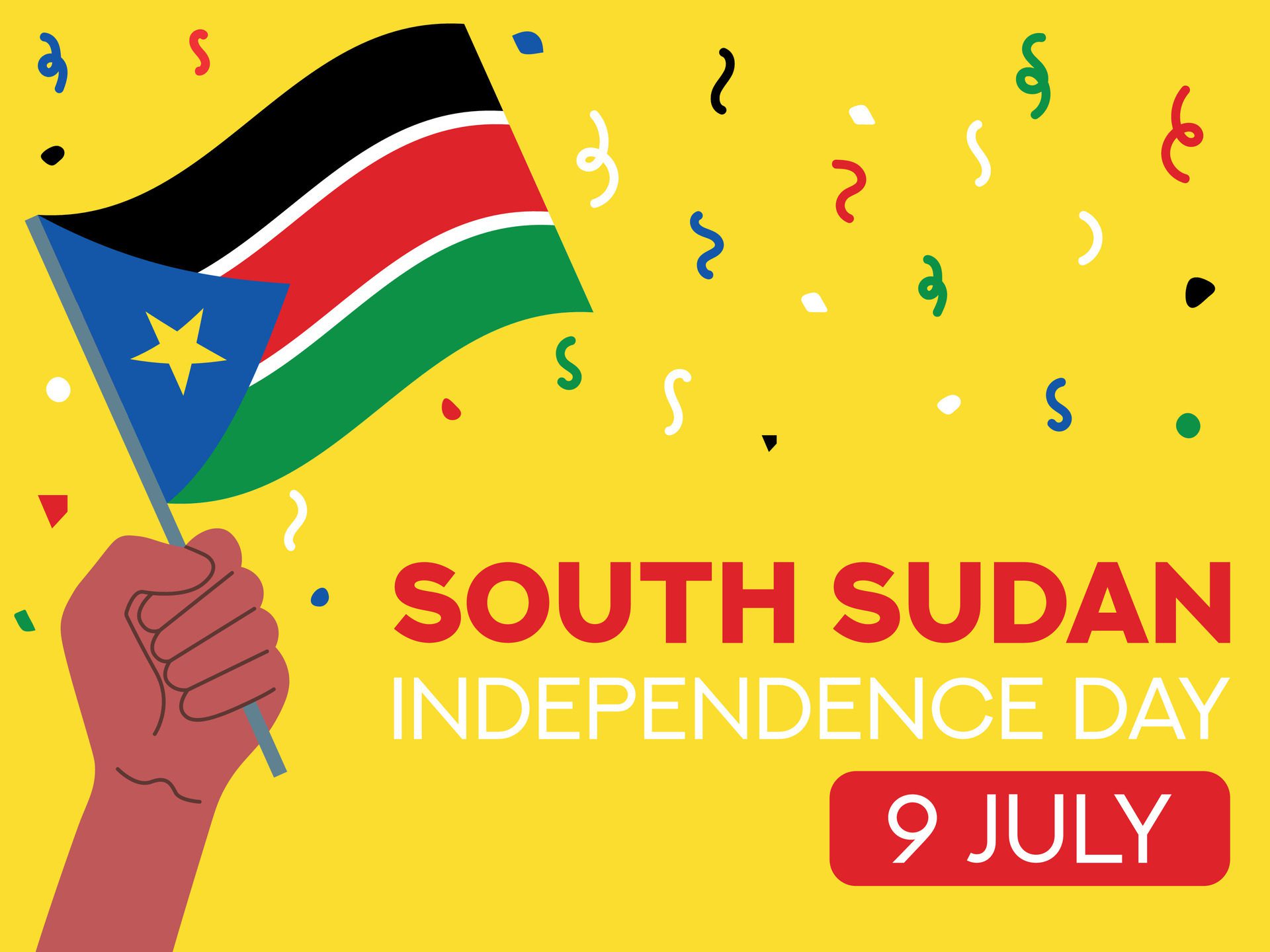 South Sudan independence day 9 July. South Sudan flag in hand. Greeting card, poster, banner template Free Vector