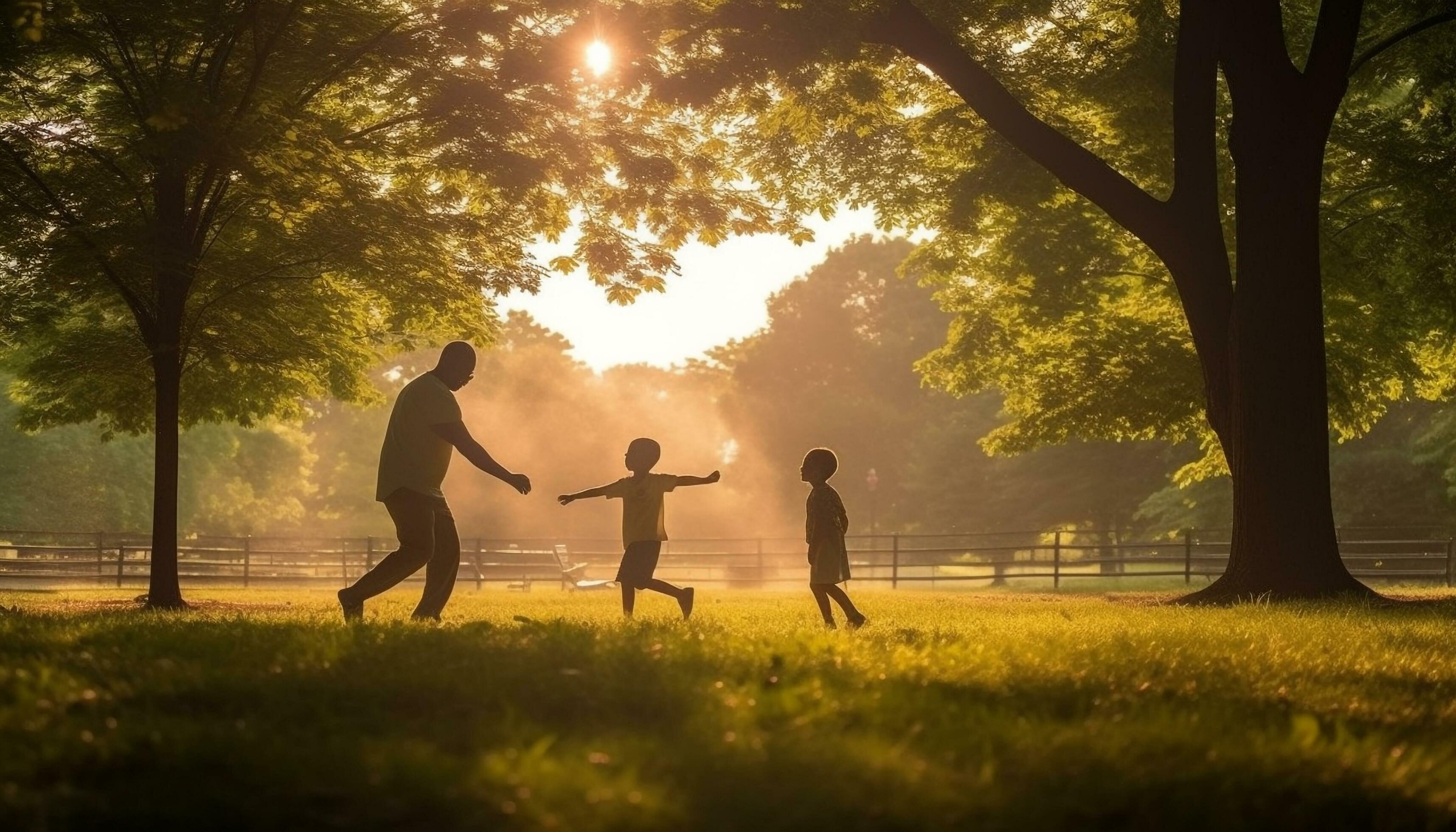 Family bonding in nature, enjoying sunset together generated by AI Stock Free