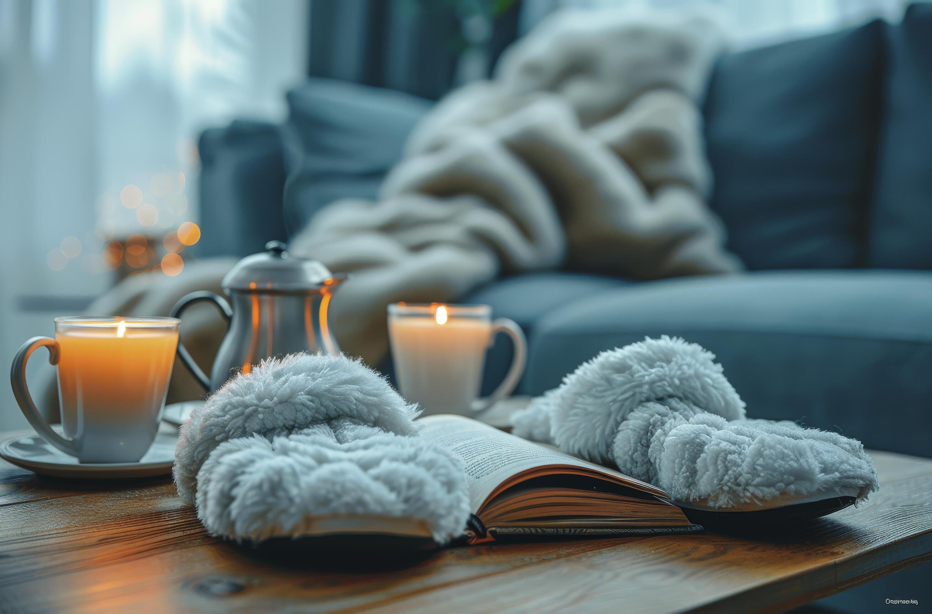 Cozy Living Room With Slippers, Tea, and an Open Book Stock Free