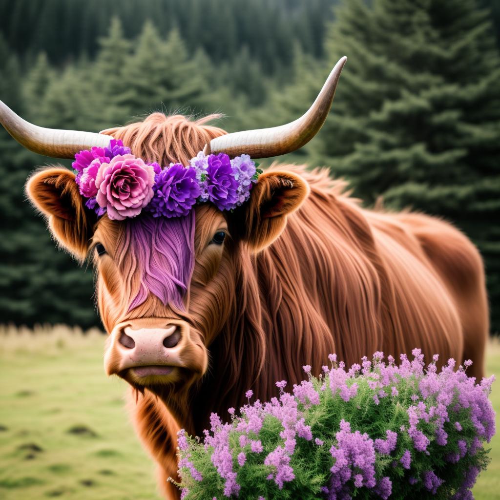 Highland cow with purple, by @ai_generated