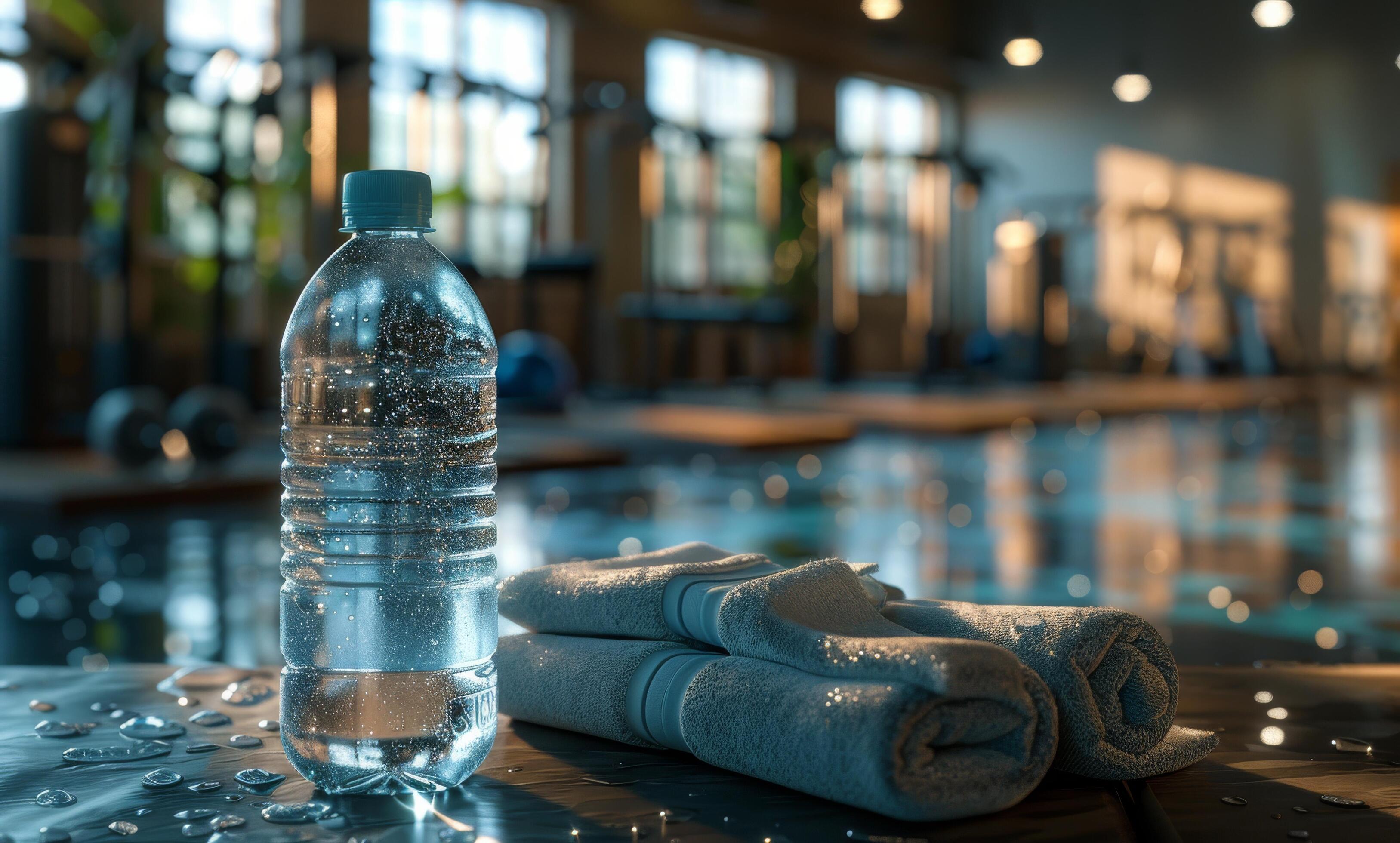 Water Bottle and Towels Resting by Poolside in Fitness Center Stock Free