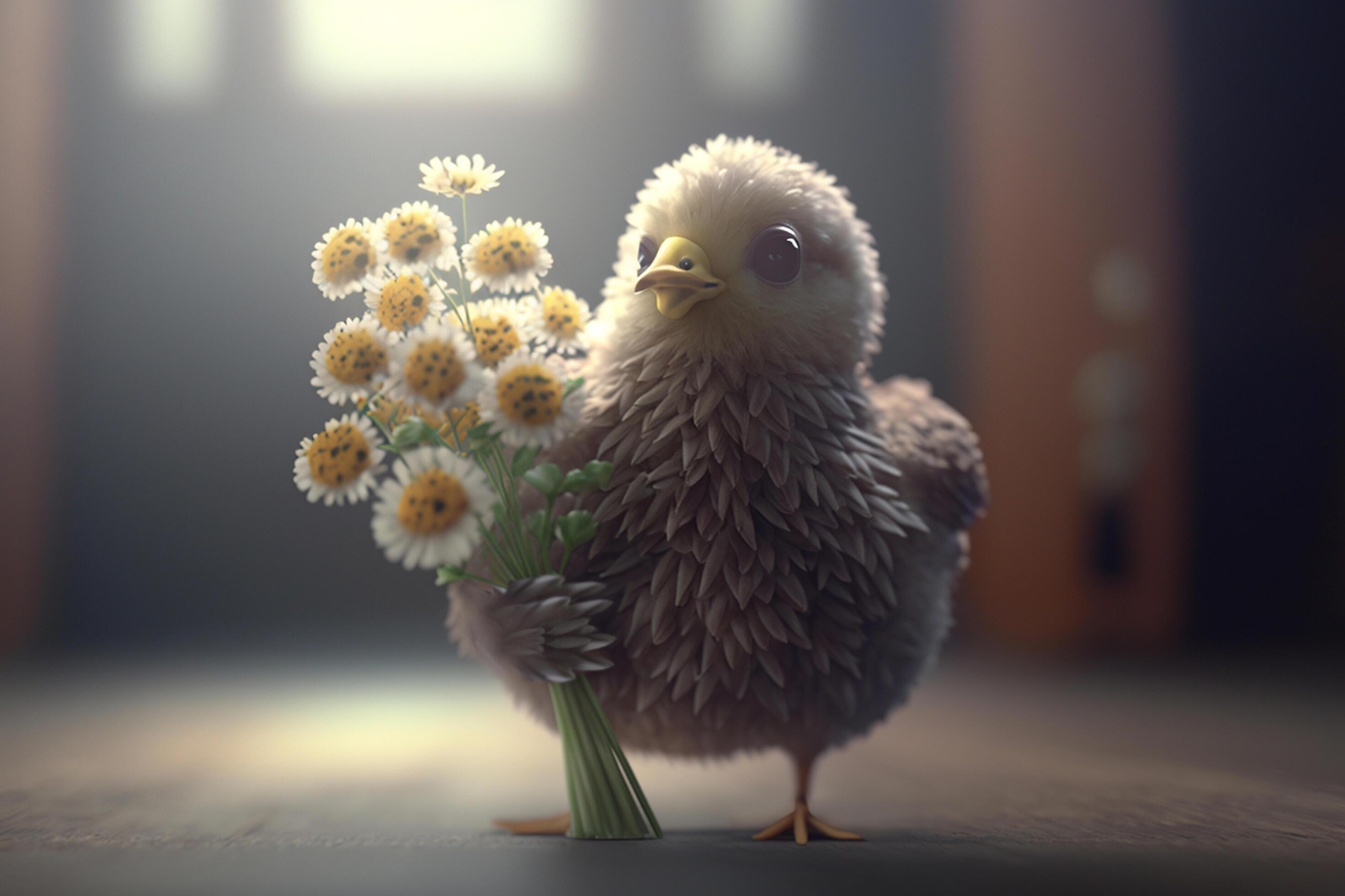 The funny chicken with a bouquet of flowers in hand Stock Free