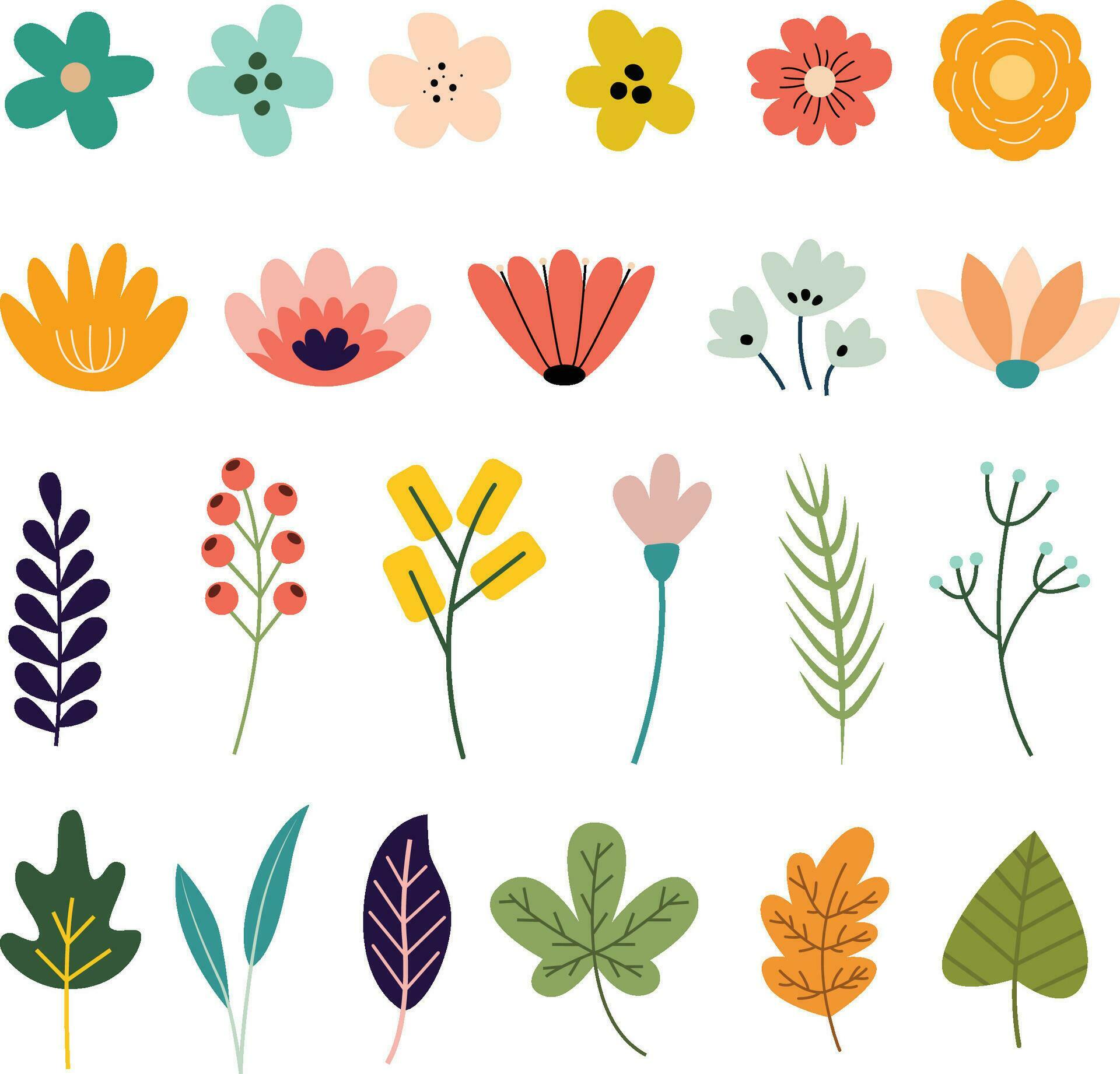 Flowers, leaves vector illustration set Stock Free