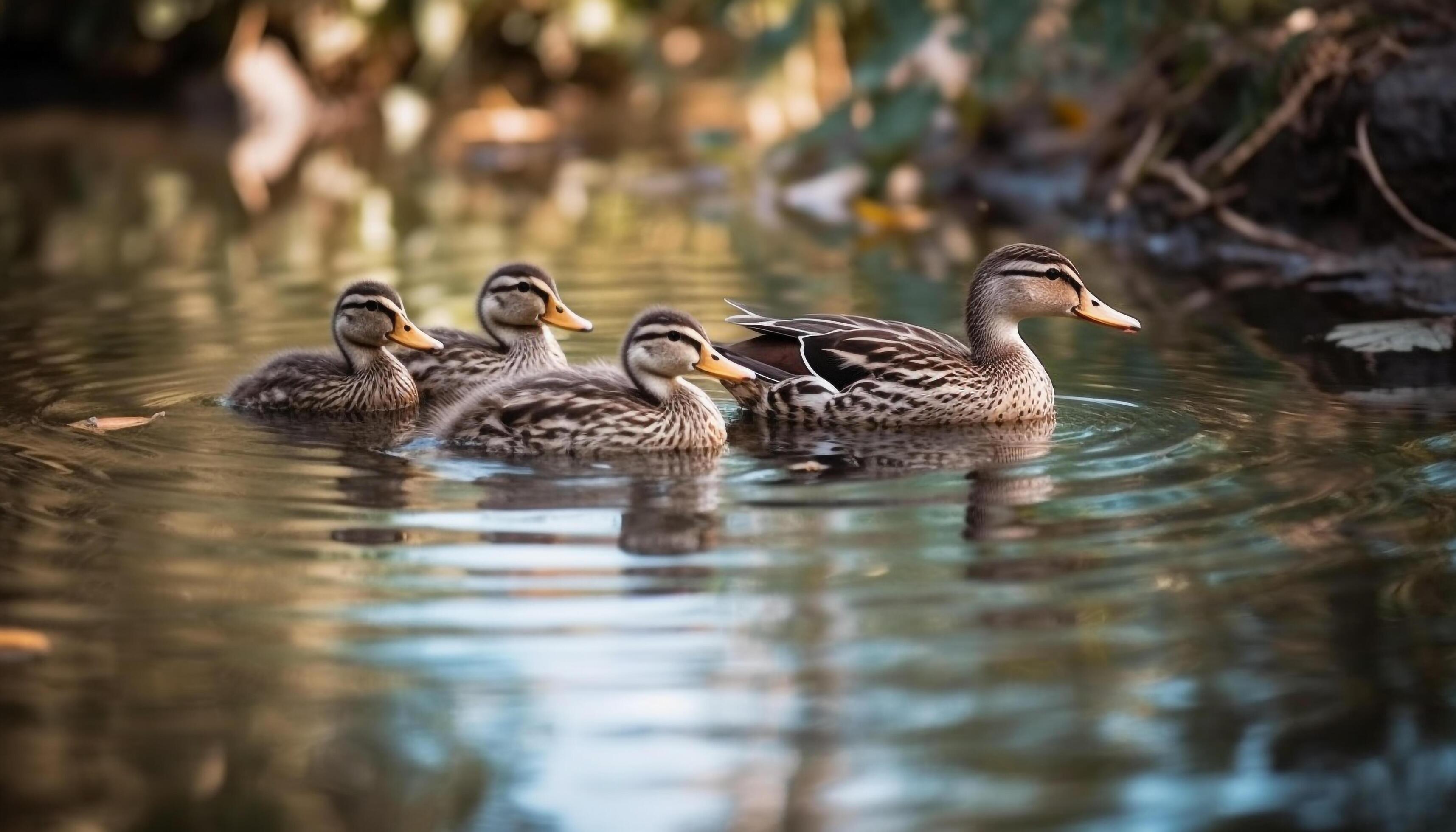 Multi colored mallard duck family swimming in tranquil pond reflection generated by AI Stock Free