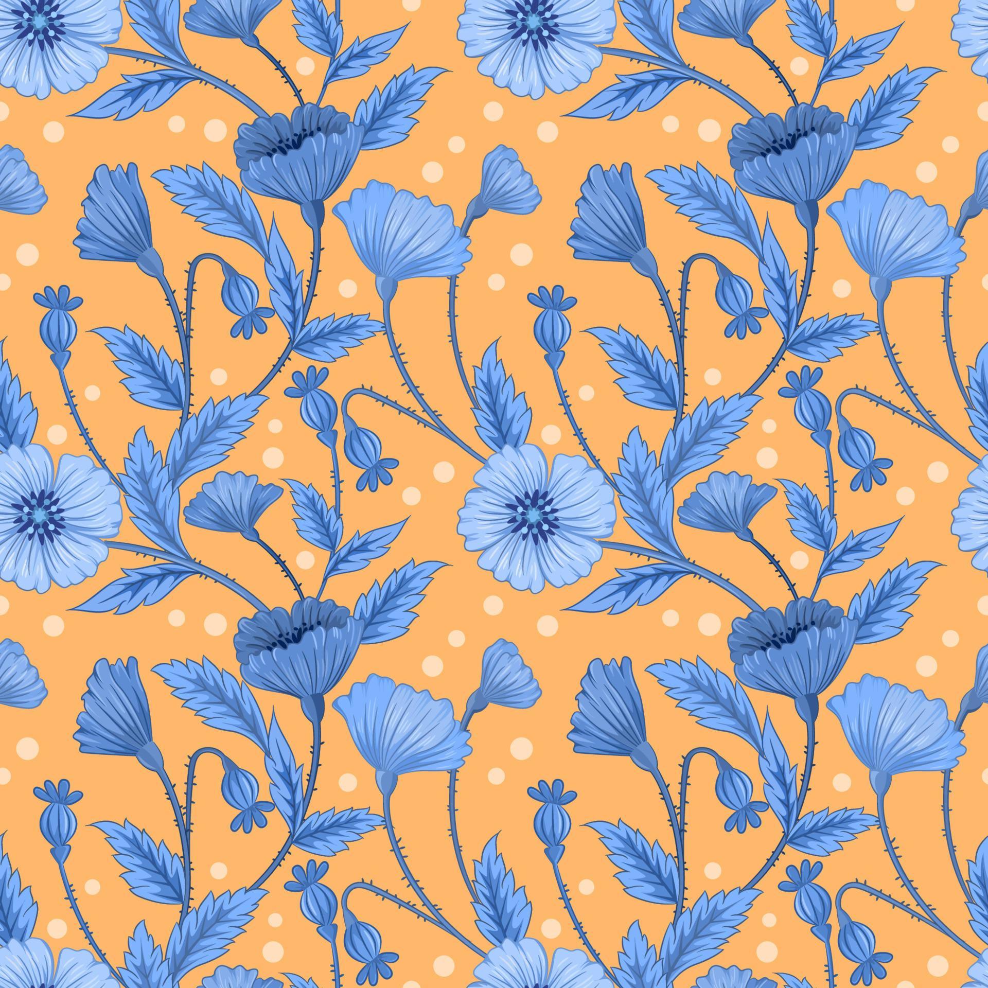 Blue flowers and leaf on yellow background seamless pattern. Stock Free