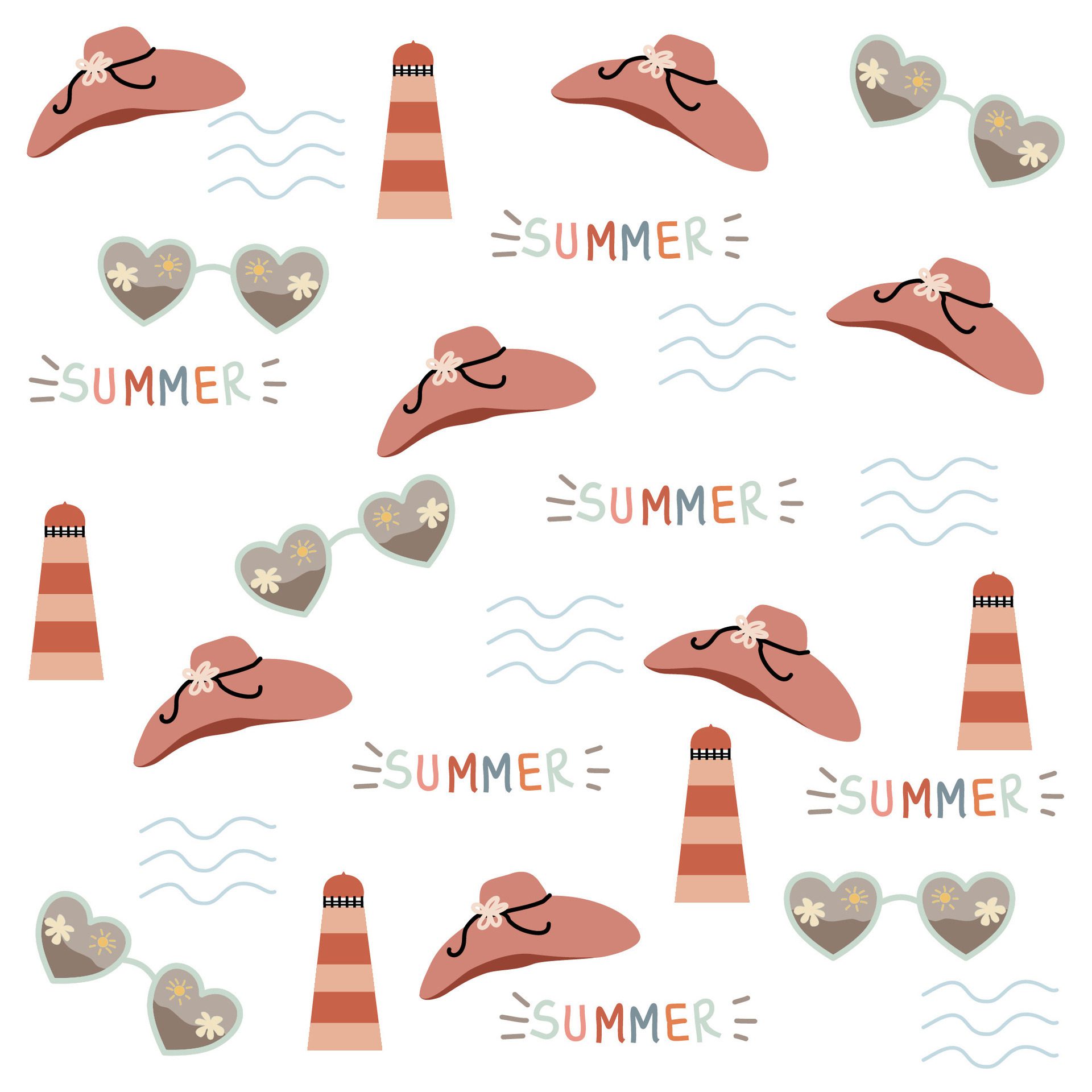 Summer time pattern include sun glasses, lighthouse, waves, summer hat on white background Free Vector