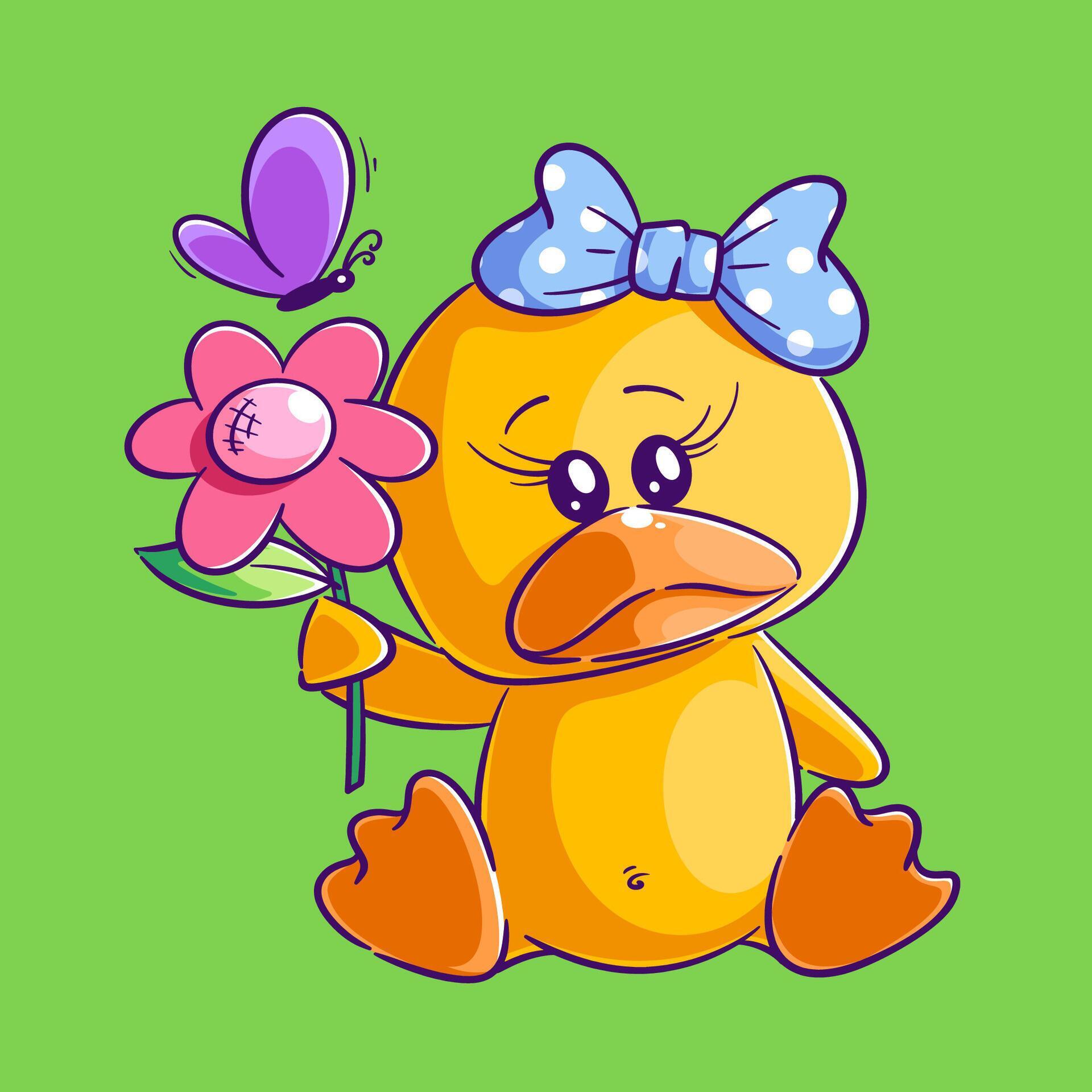 Cute duck sitting and carrying flowers Stock Free