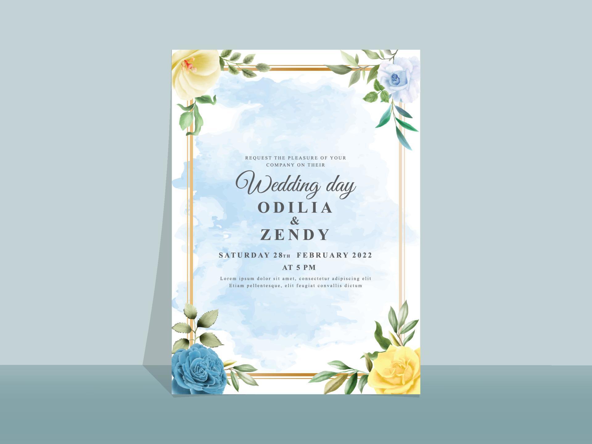 Wedding invitation card with beautiful blue and yellow flowers Stock Free