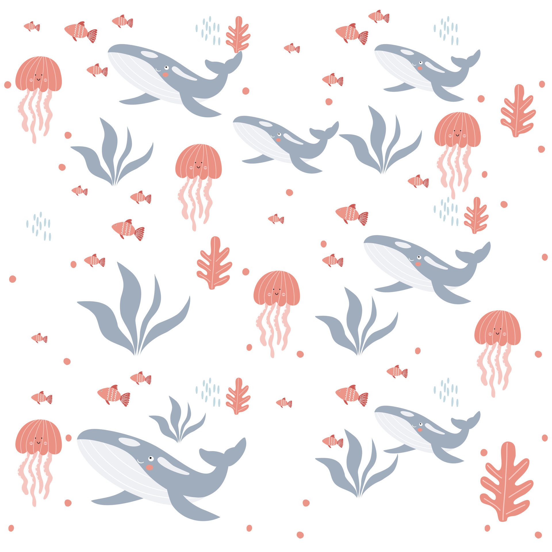 Cute underwater animal pattern. Cute Whale, jellyfish and fish. Underwater background. Pattern for Kids Free Vector