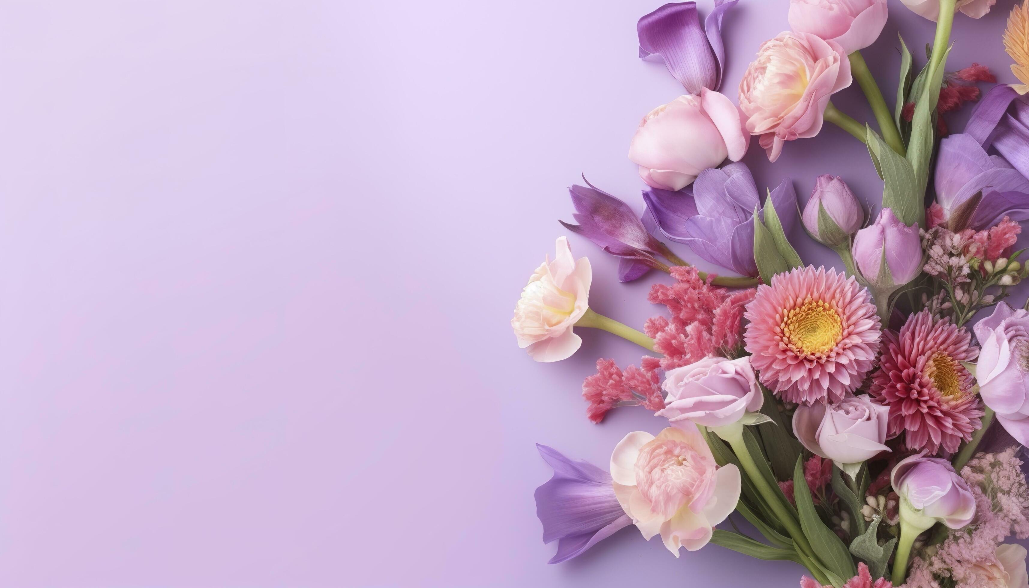 multicolored spring flowers on purple background , generate ai Stock Free