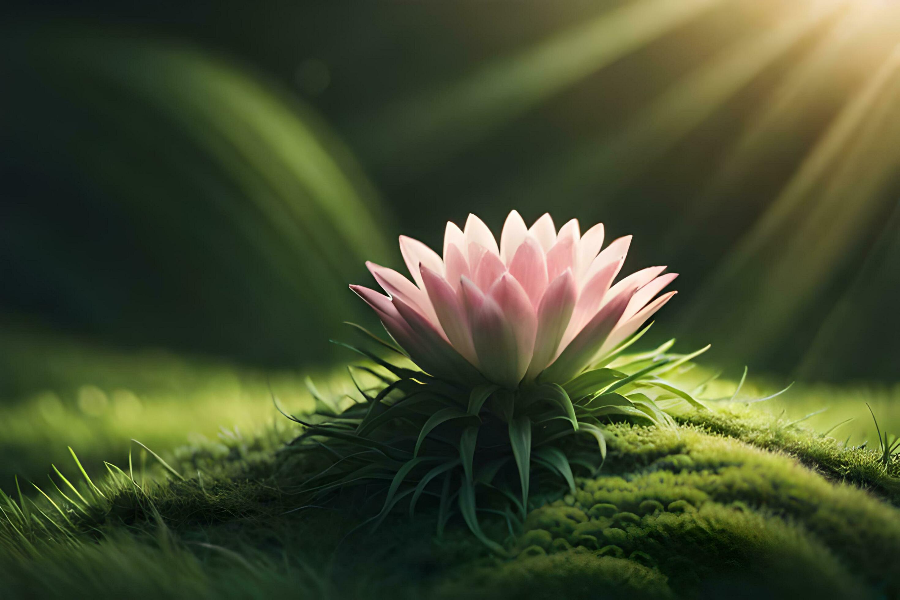 Beautiful pink lotus flower on green grass with sunlight background AI Generate Stock Free